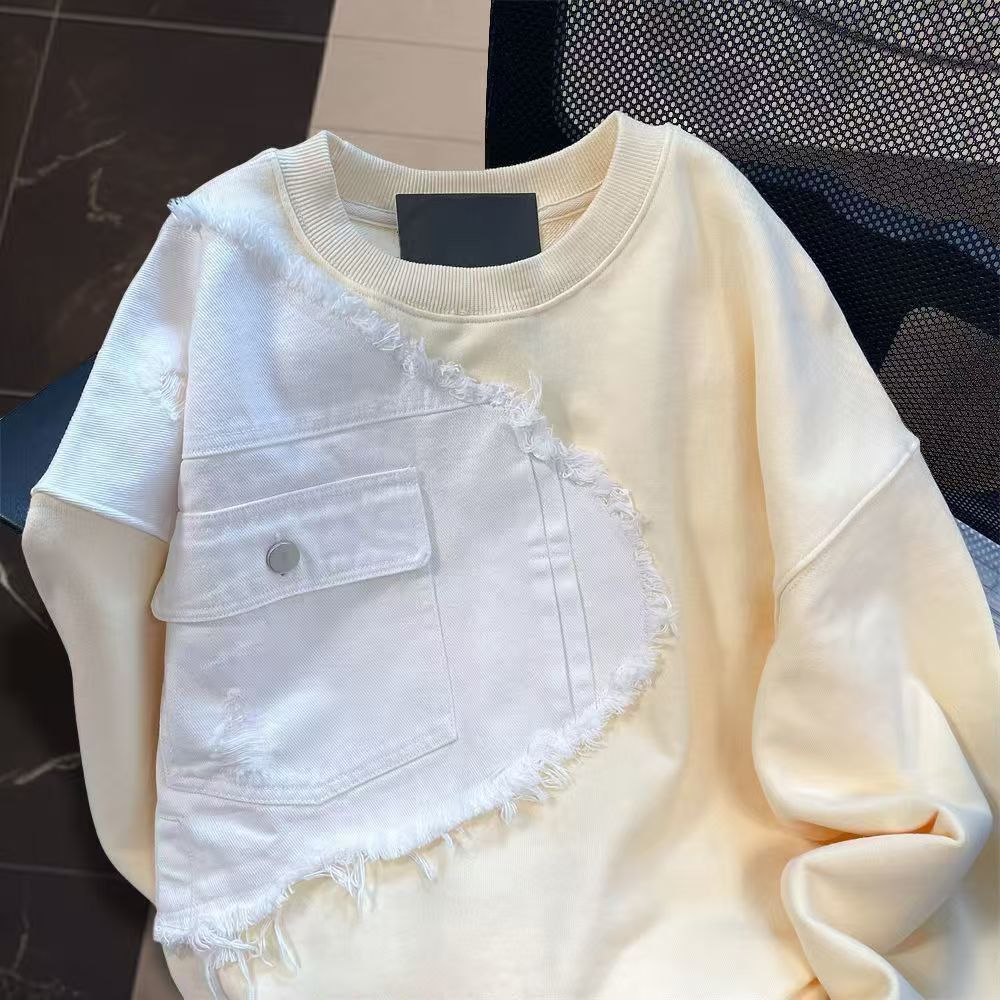 Vintage Cream Oversized Sweatshirt with Denim Patch & Frayed Edges Size US M / EU 48-50 / 2 - 2 Thumbnail