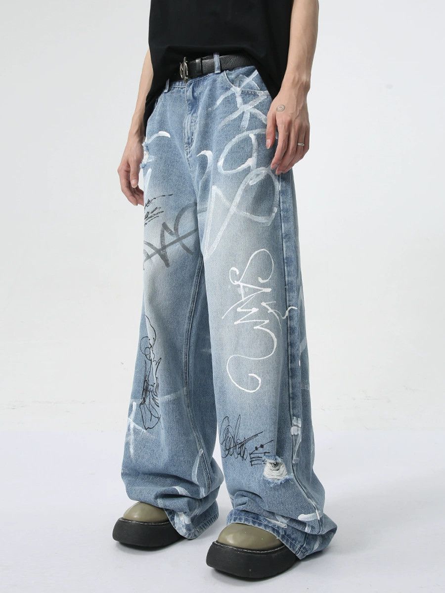 Jean American trendy street graffiti fun straight jeans Size US 32 / EU 48 - 2 Thumbnail