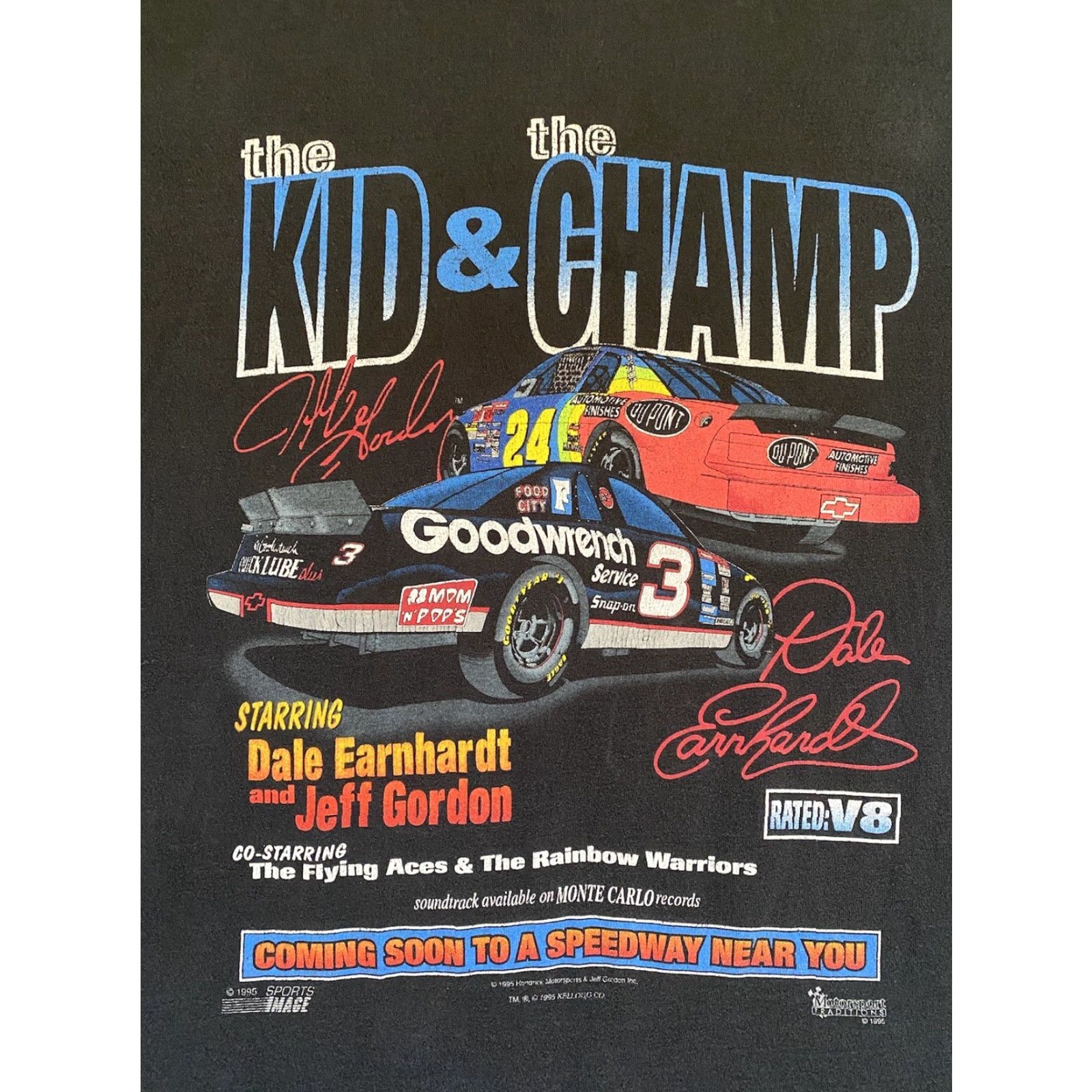 Fruit Of The Loom VINTAGE 1995 The Kid & The Champ Shirt 2XL Black Dale Earnhardt Jeff Gordon Fruit of the Loom Shirt Mens T-Shirt 90s Grunge USA Passenger Theme Size US XXL / EU 58 / 5 - 4 Thumbnail