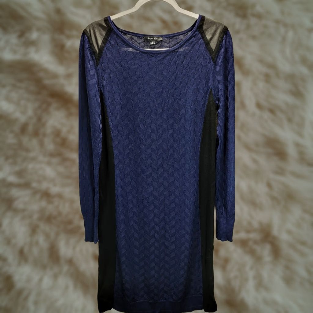 Vintage ivy + blu Knit Blue Black Sweater Dress Knee Length Sheer Soft Rayon Sz M Womens Long Sleeve Size M / US 6-8 / IT 42-44 - 1 Thumbnail