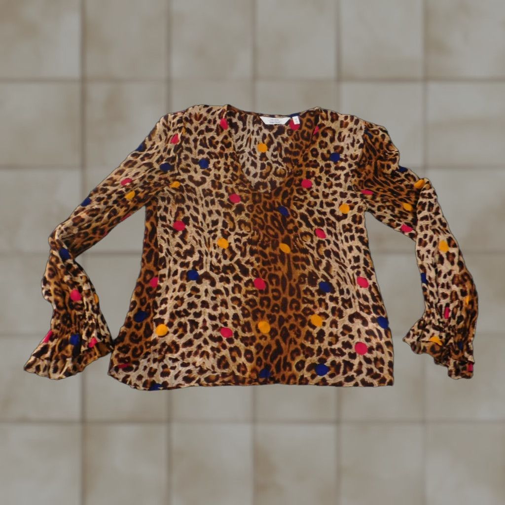 & Other Stories & Other Stories Blouse Womens 8 Multicolor Leopard Polka Dot Sheer Long Sleeve V-Neck Pullover Casual Stretch Regular Brown" Size M / US 6-8 / IT 42-44 - 1 Thumbnail