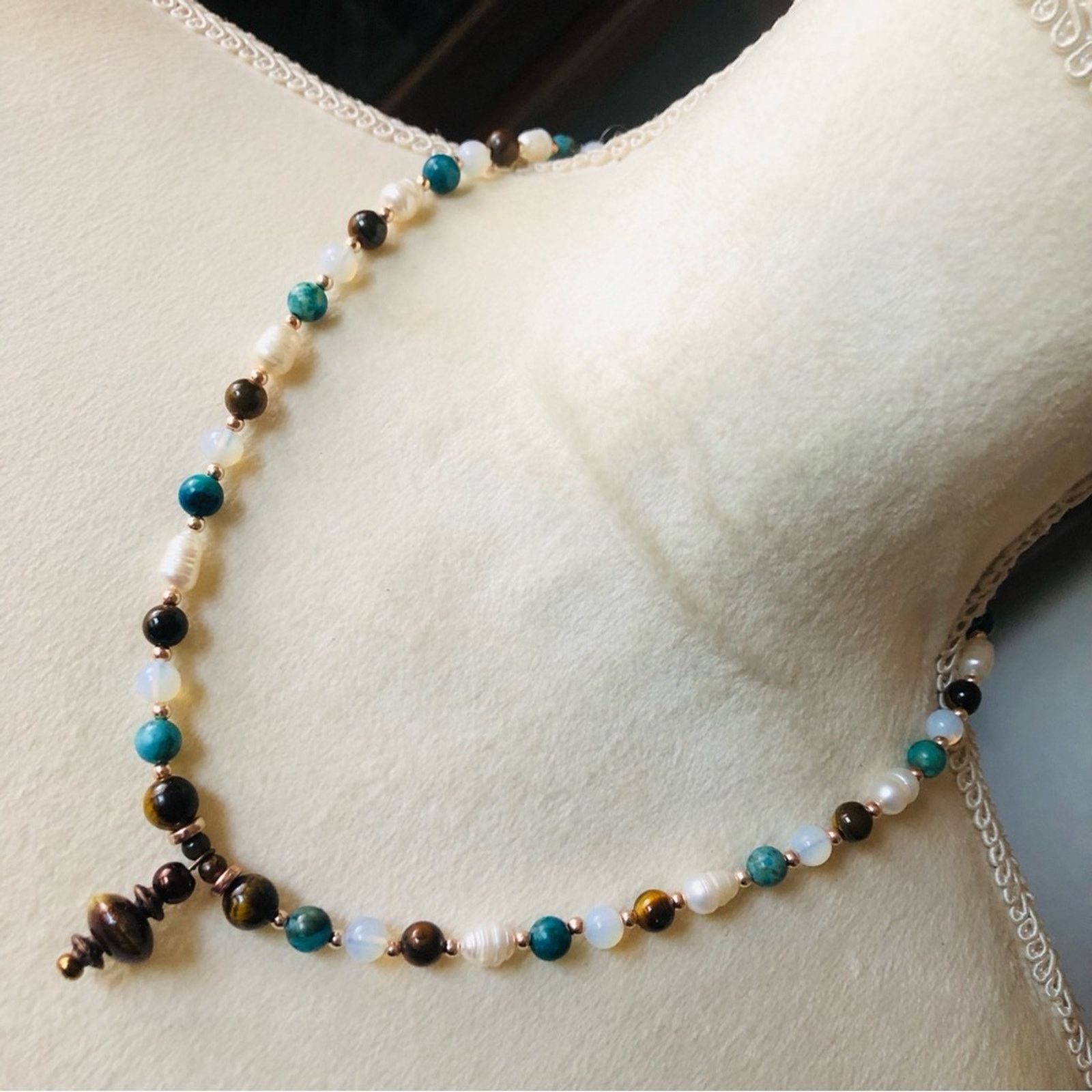 Handmade Handcrafted Tiger eye howlite stone genuine pearl necklace Size ONE SIZE - 1 Thumbnail