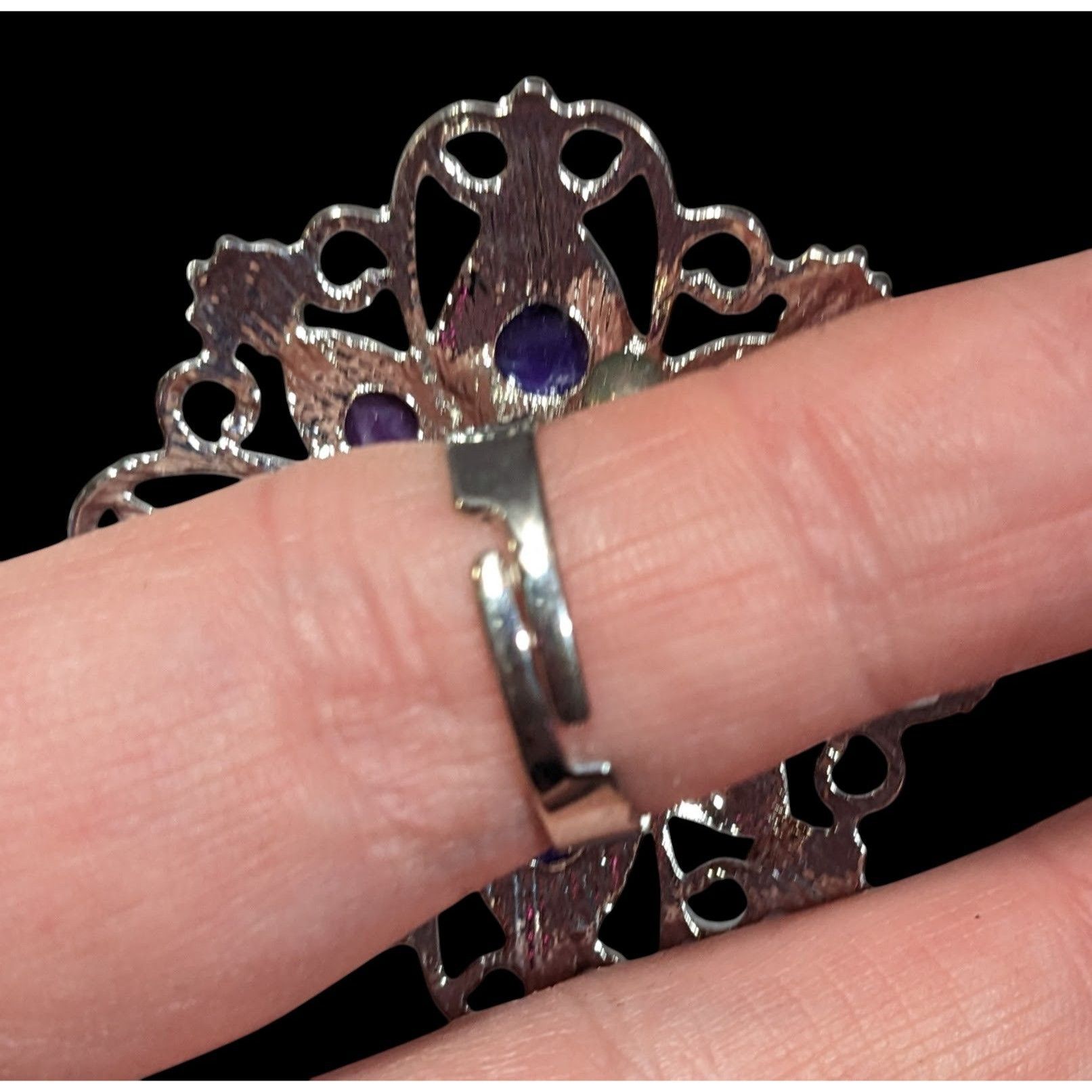 Other Fantasy Chunky Floral Silver Tone Ring With Purple Stones Ad Size ONE SIZE - 3 Thumbnail