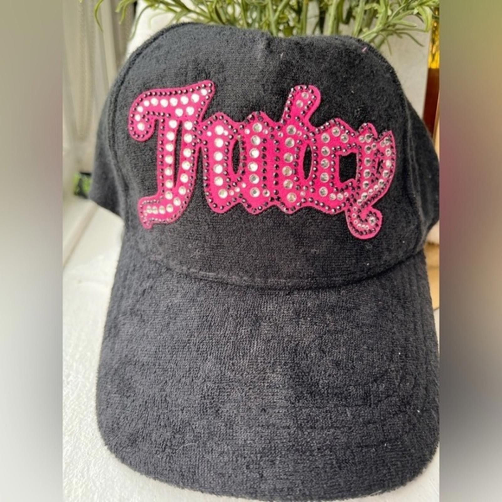 Juicy Couture Black Terry Hat Cap Logo w/ Bling Rhinestones