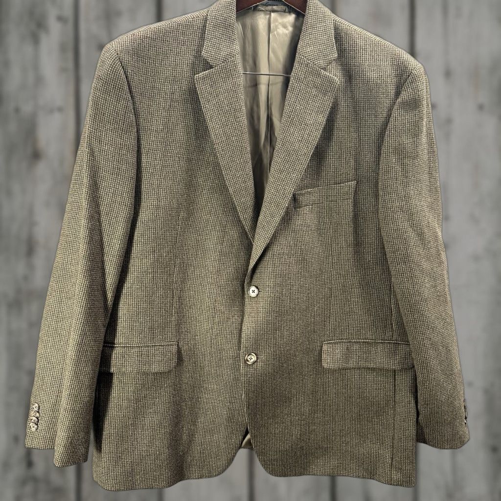 Ralph Lauren VINTAGE Ralph Lauren Sport Coat Blazer Mens 48 Houndstooth Tweed Beige 90s Preppy USA Mens Size 48R - 1 Thumbnail