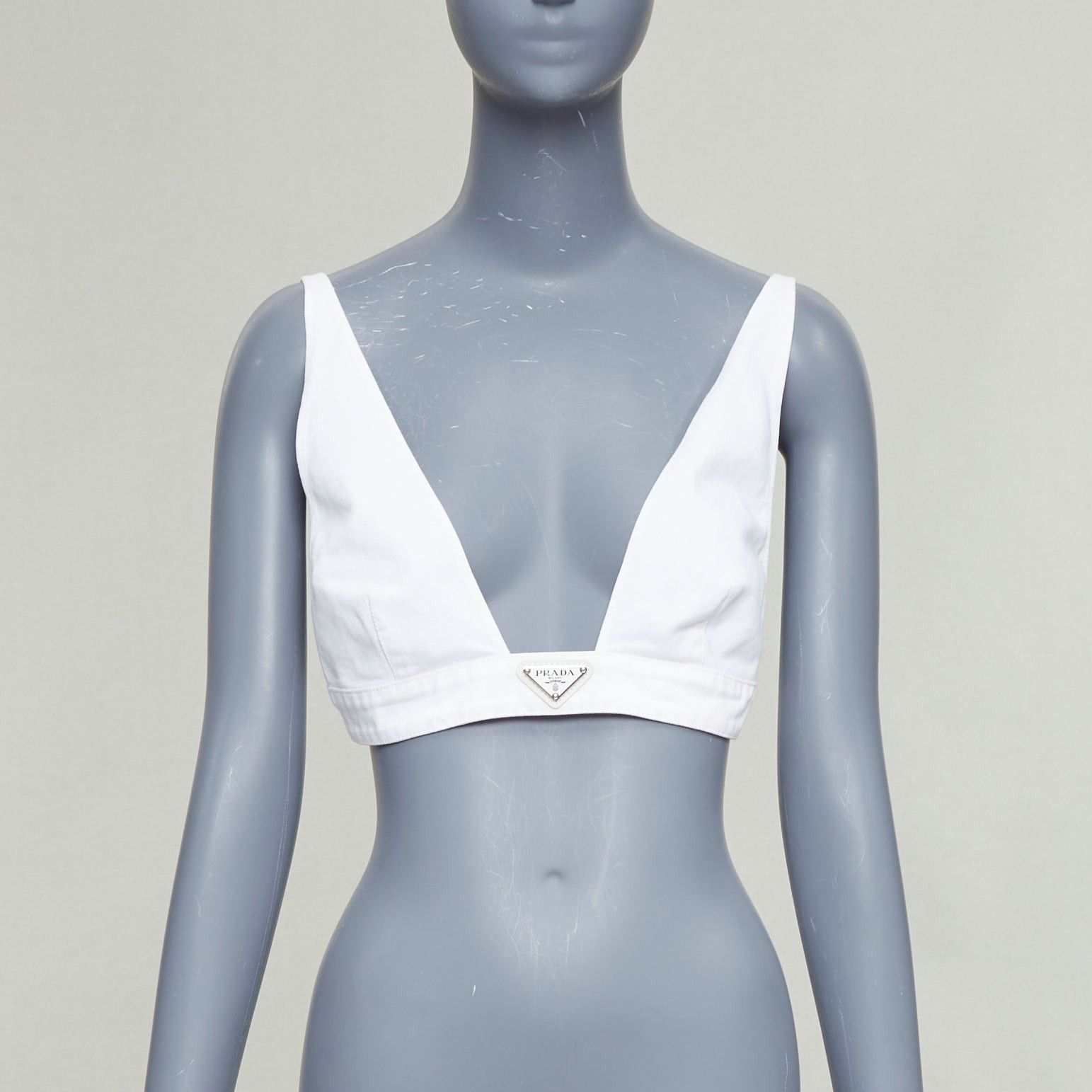 PRADA 2022 white distressed denim triangle logo plunge bralette crop top IT42 M