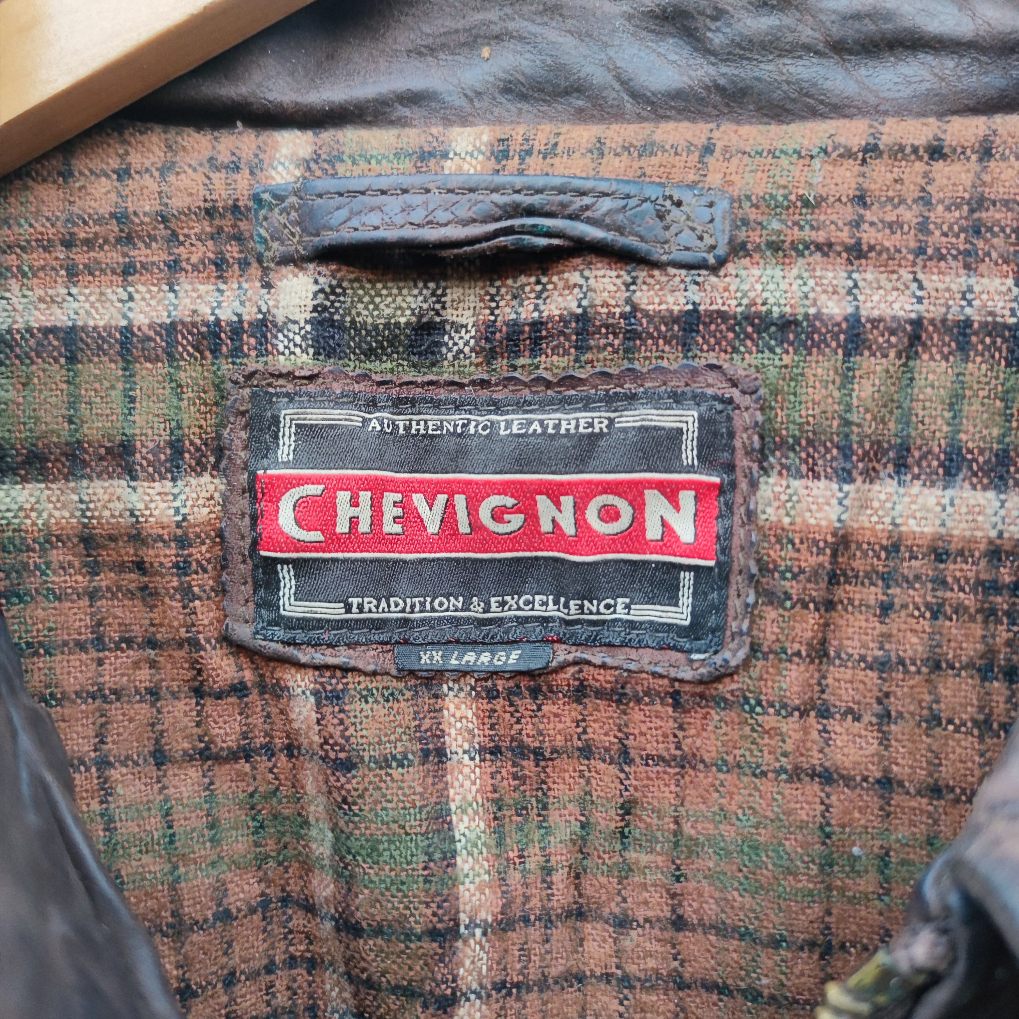 Chevignon Calfskin Leather Plaid Tartan lined Jacket