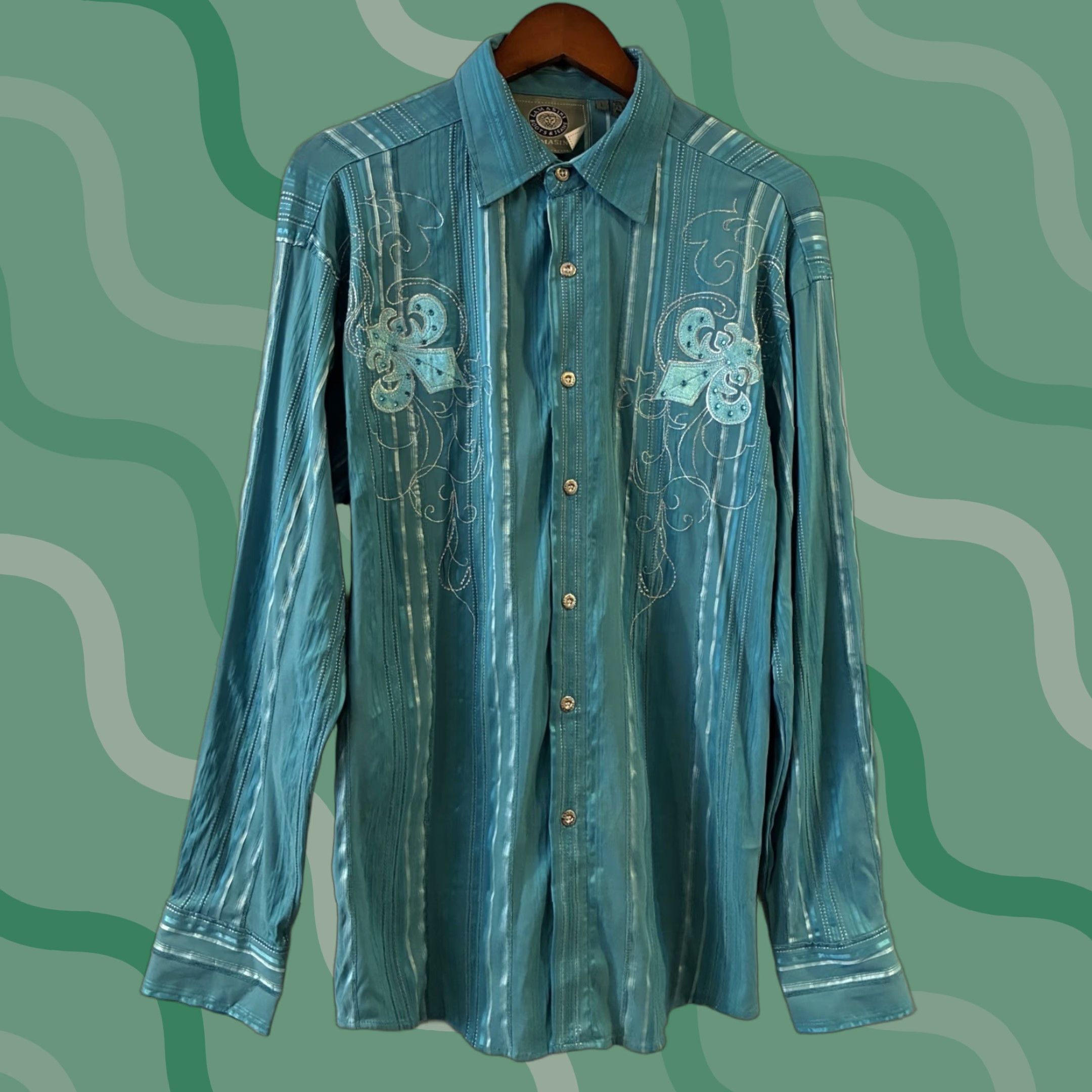 Vintage Lamasini Western Style Shirt L Button-Down Embroidered Men Teal Slim Long Sleeve Button-Up Shirt Size US L / EU 52-54 / 3 - 1 Thumbnail