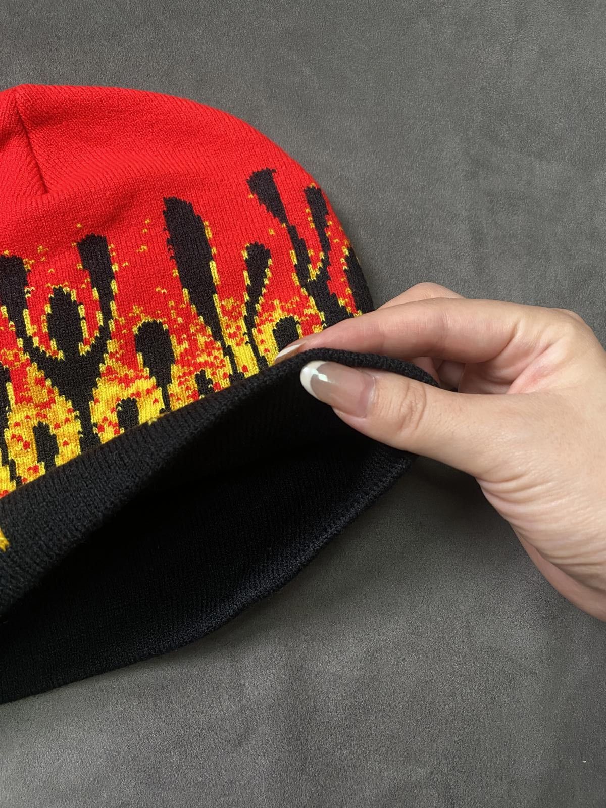 Japanese Brand Deadstock Flame Graphic No Cuff Knit Beanie Black Hat OS Size ONE SIZE - 5 Thumbnail