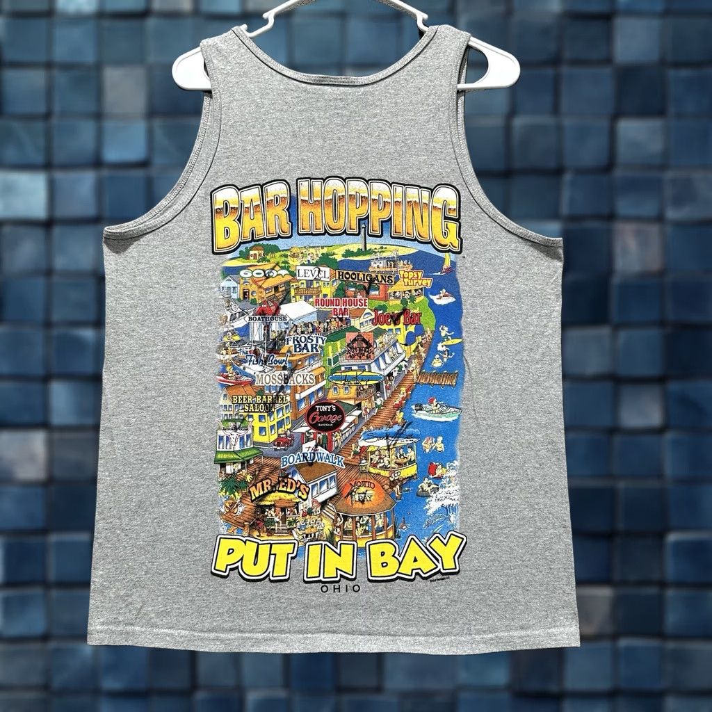 Gildan VINTAGE Gildan Shirt Mens Large Gray Tank Top Graphic Print 1990s Bar Hopping Ohio Put In Bay Outfit Size US L / EU 52-54 / 3 - 1 Thumbnail