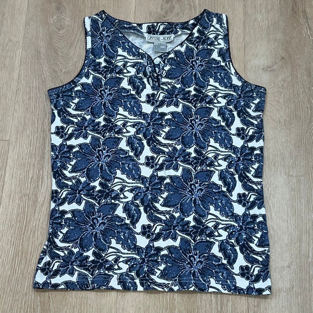 Vintage Crystal-Kobe, Blue & White Floral Vine Print Vintage Tank, W Size S / US 4 / IT 40 - 7 Thumbnail