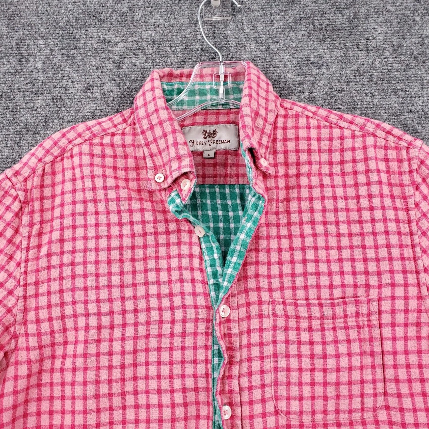 Vintage Hickey Freeman Shirt Mens S Small Button-Down Pink Check Short Sleeve Cotton Size US S / EU 44-46 / 1 - 5 Thumbnail