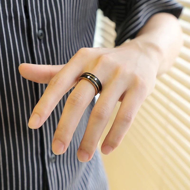 Jewelry Luxury Mens 8mm Black Stainless Steel Gold Color Ring Size ONE SIZE - 6 Thumbnail