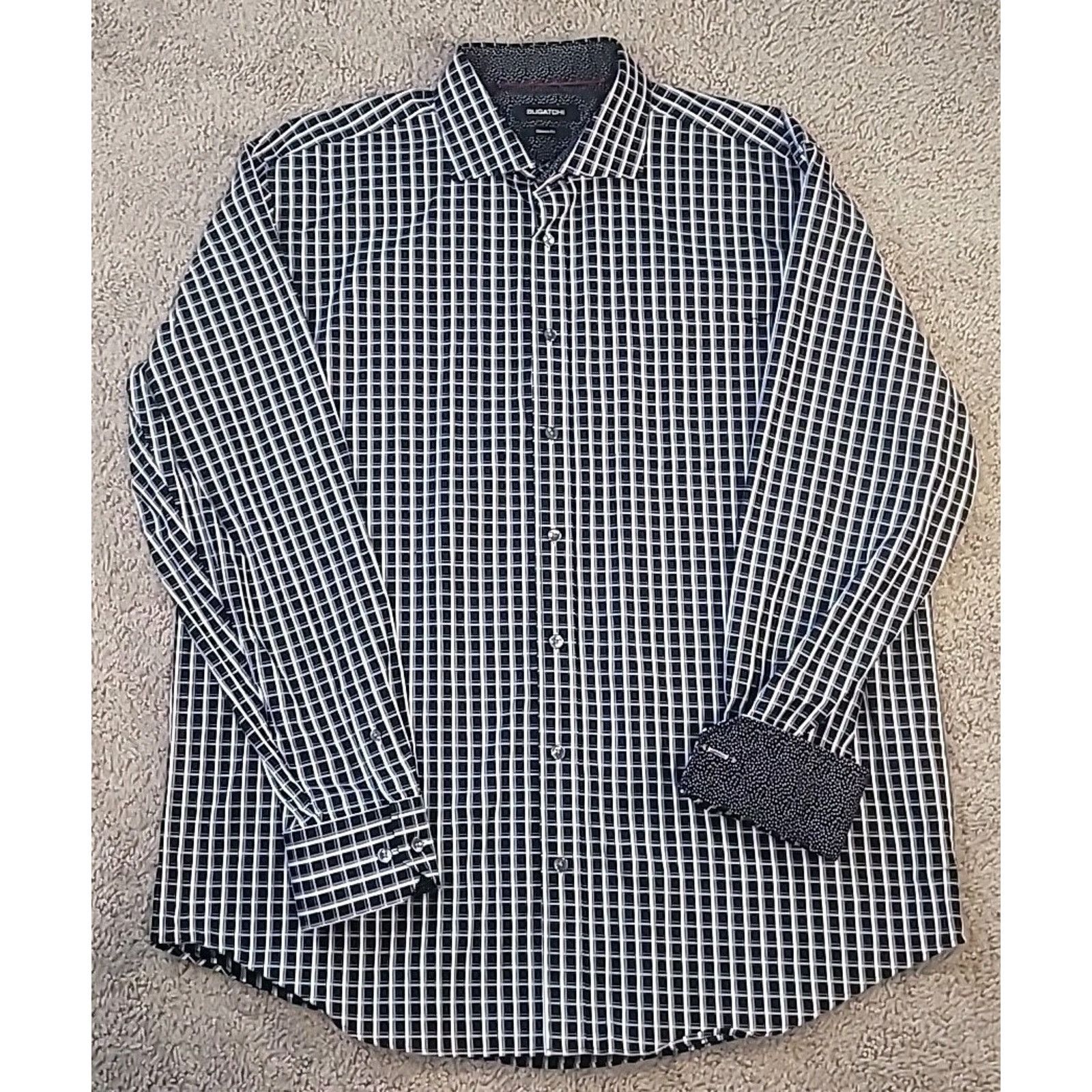 BUGATCHI Bugatchi Mens XL Dress Shirt Black White Check Flip Cuff Size US XL / EU 56 / 4 - 1 Thumbnail