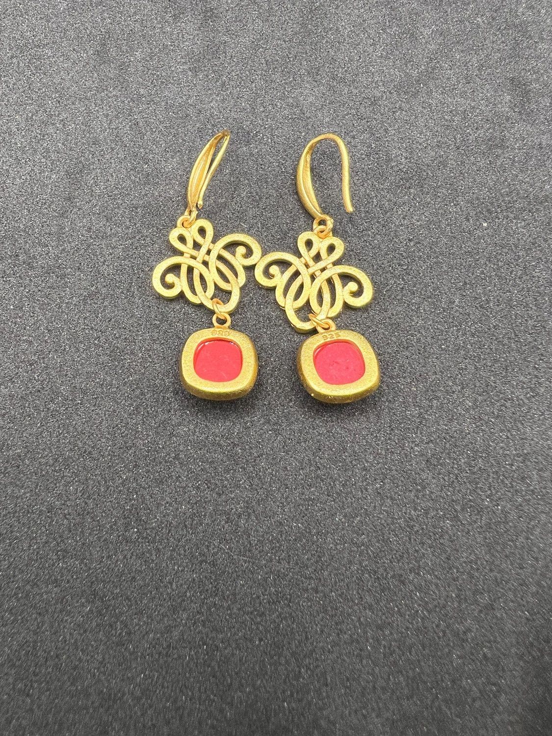 Jewelry Red Square Cinnabar Beads Gold Dangle Earrings Size ONE SIZE - 4 Thumbnail