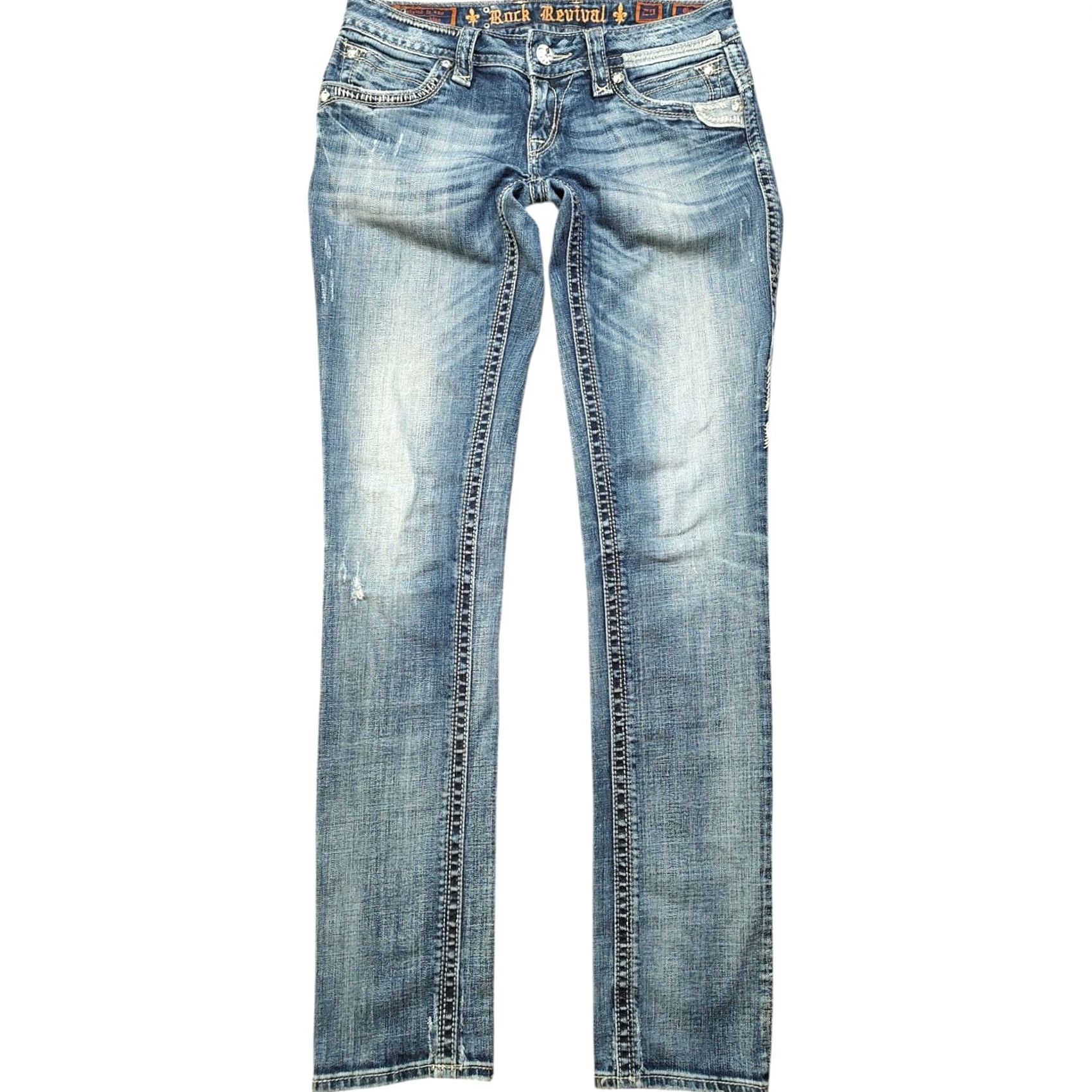 Vintage VINTAGE Rock Revival Gwen Skinny Jeans Denim Blue Thick Stitch Button Flap Womens 29x34 Size 29" - 2 Thumbnail