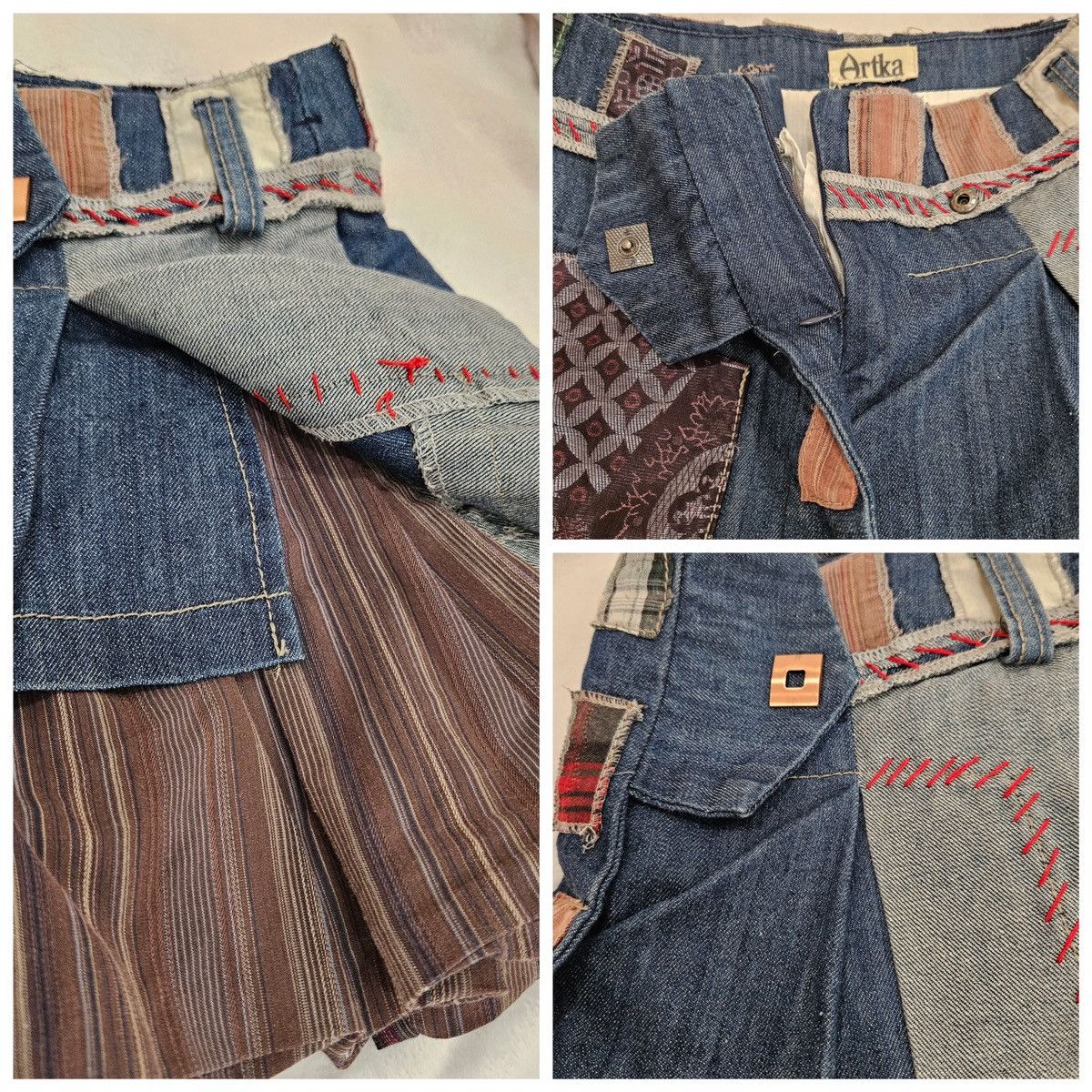 Designer × Vintage Vintage Multi-Material Layered Patchwork Denim Mini Skirt Size 28" / US 6 / IT 42 - 10 Thumbnail
