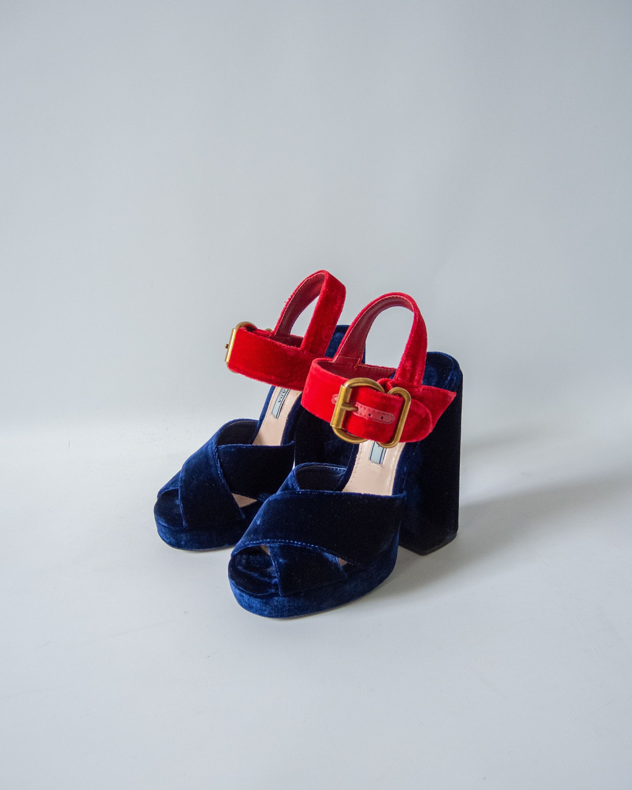 image of Prada Velvet Platform Heel Shoes in Red Blue, Women's (Size 6)