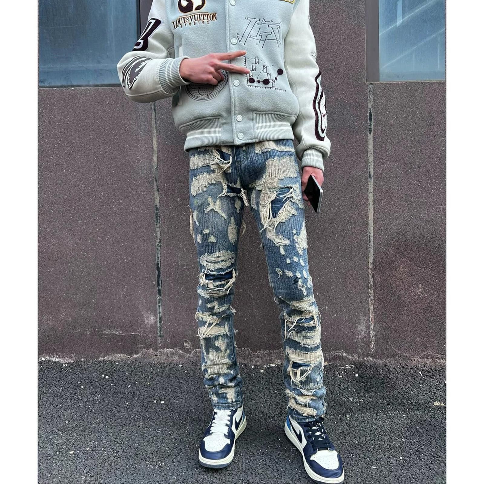 Jean 3D-Print Heavily Ripped Slim Straight Denim Jeans Size US 32 / EU 48 - 6 Thumbnail