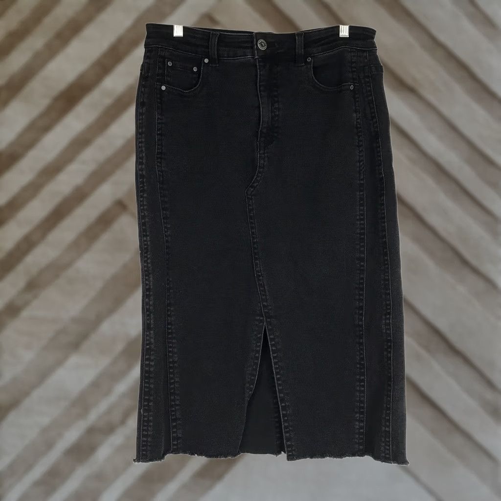 Vintage Universal Standard Black Denim Midi Skirt Front Slit Raw Hem Size XS Women Size 26" / US 2 / IT 38 - 1 Thumbnail