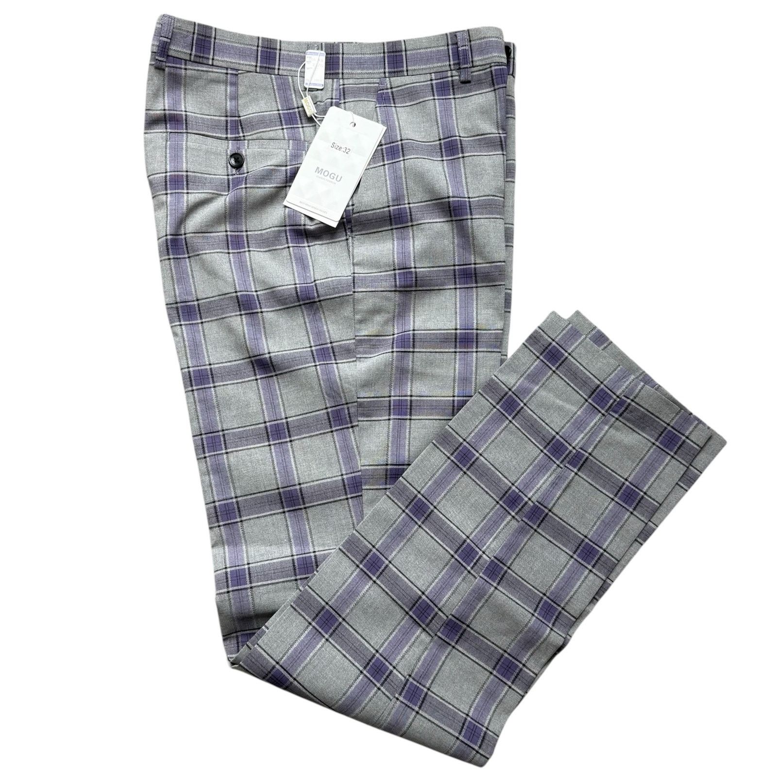 Other NWT Mens 32 Gray Purple Plaid Flat Front Casual Dress Pants Size US 32 / EU 48 - 1 Thumbnail