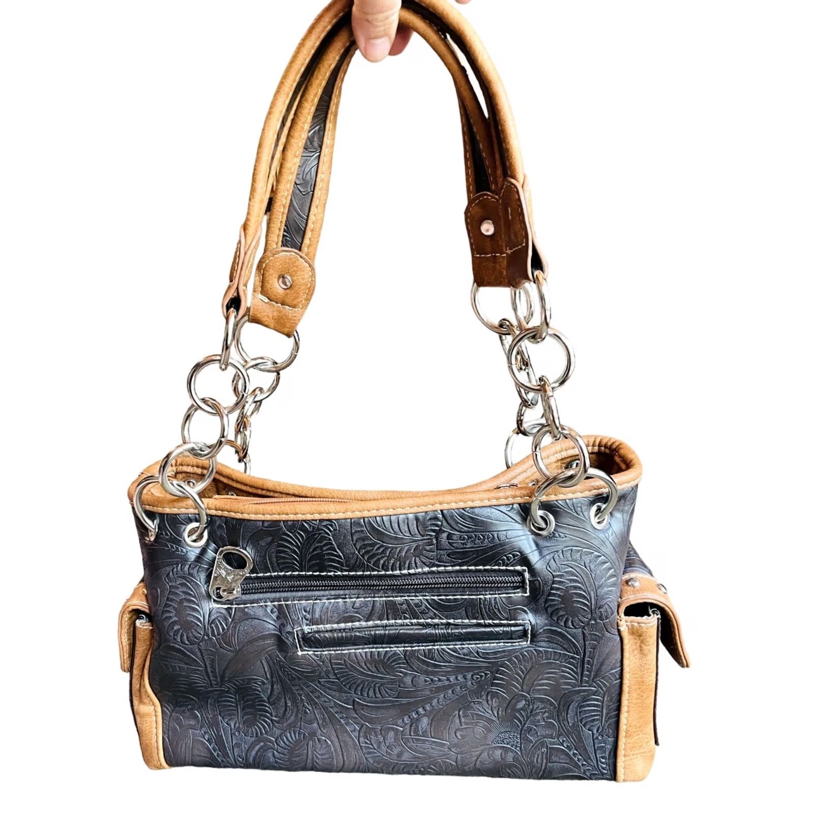 Vintage VINTAGE? No — Montana West Shoulder Bag Women's Purse Black Faux Leather Concho Collection Modern 13in 8in 5in Zip Inner Pockets Fringe Leather Strap Size ONE SIZE - 6 Thumbnail