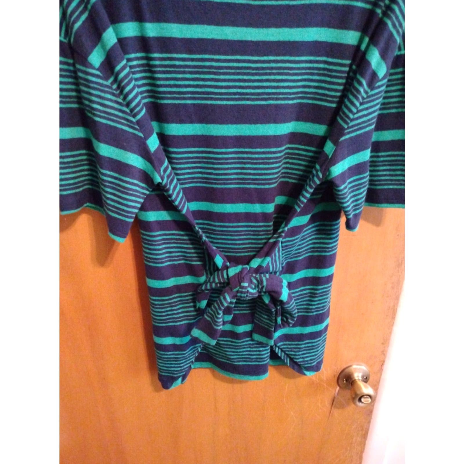 Liz Claiborne Liz Claiborne Blouse Shirt Green Blue Linen/Poly Blend M SS Summer 40" chest Womens Size M / US 6-8 / IT 42-44 - 5 Thumbnail