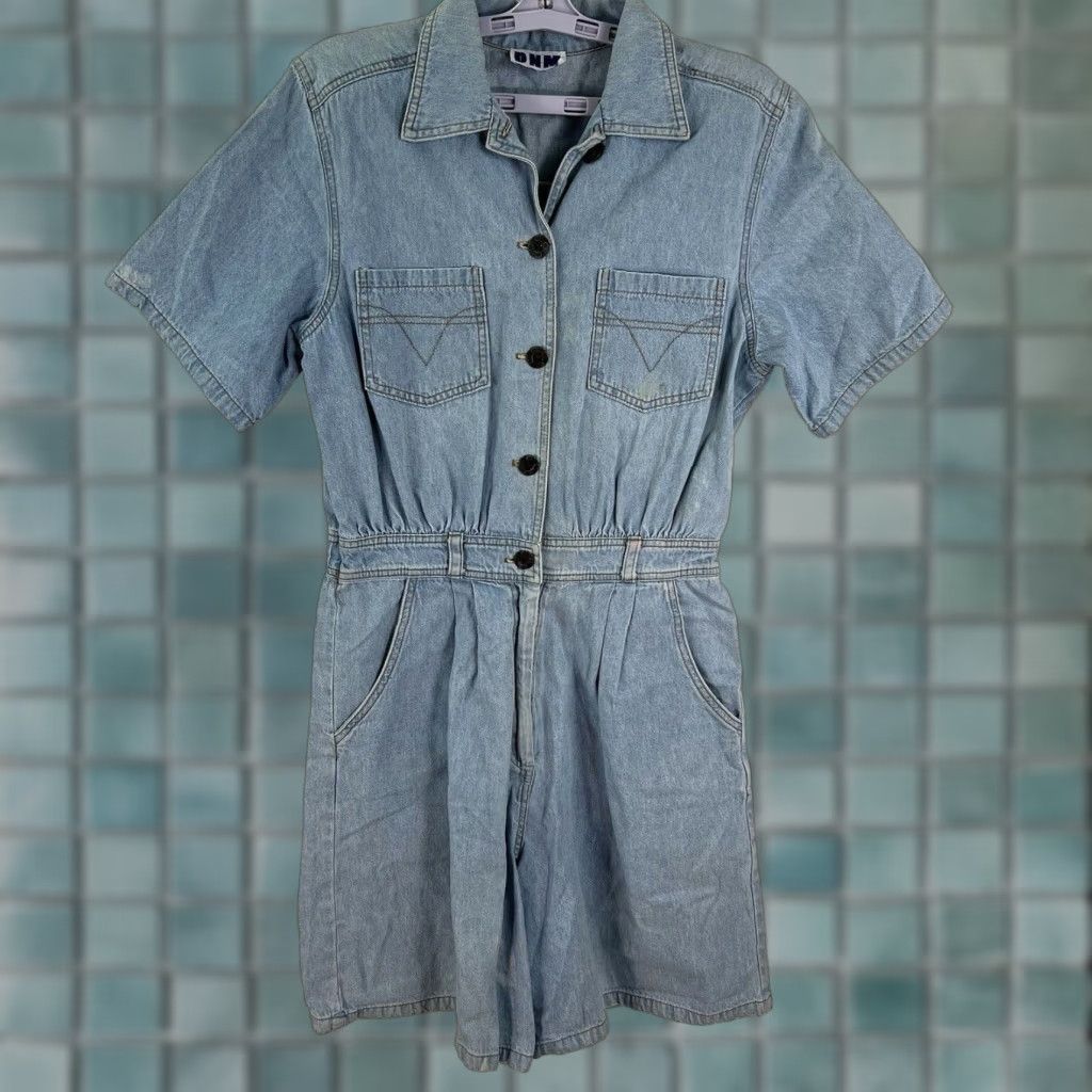 Denime VINTAGE DNM Denim Romper Womens Size L Short Sleeve Blue 80s Casual Activewear Skort Size L / US 10 / IT 46 - 1 Thumbnail