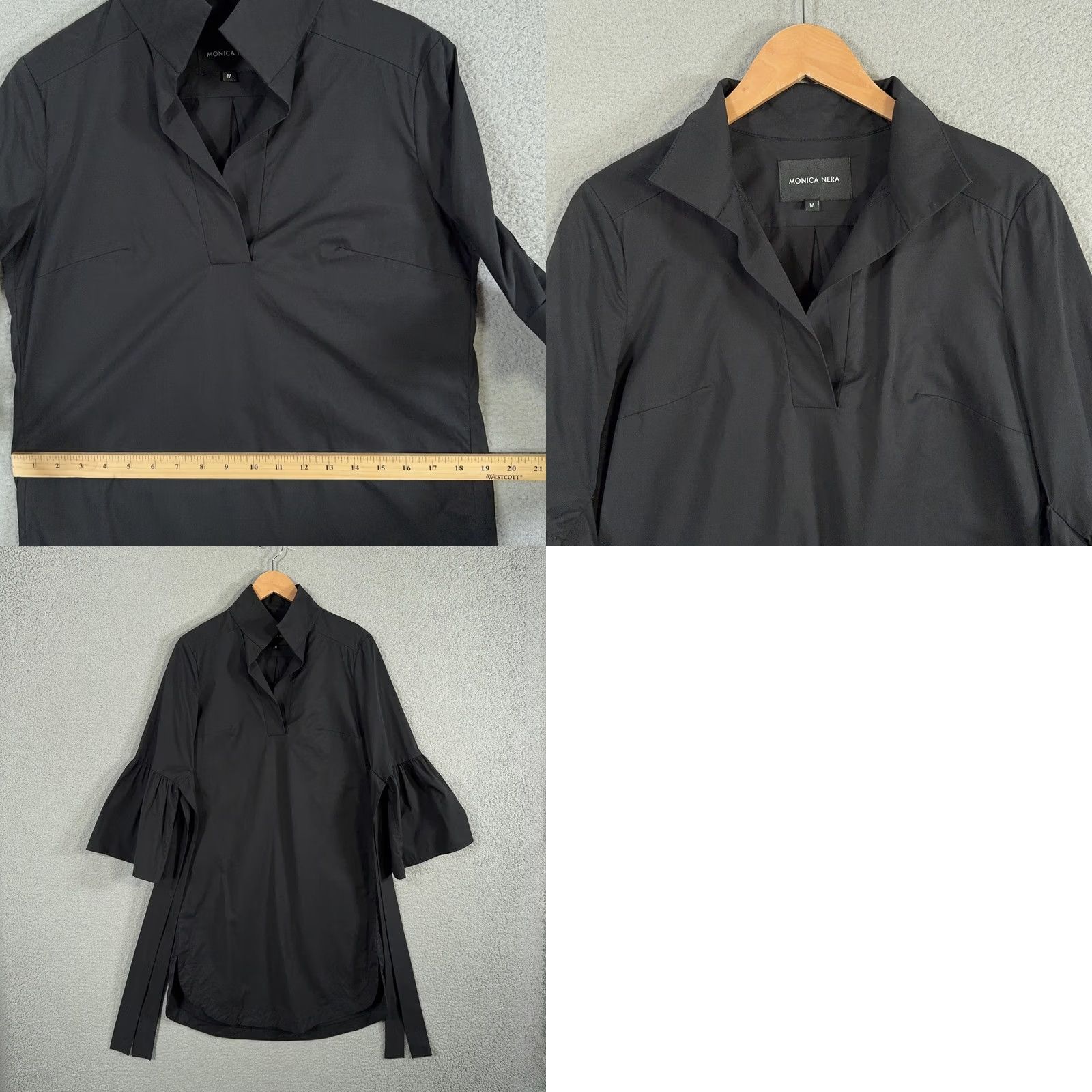Bell VINTAGE Monica Nera Shirt Dress Medium Black Bow Tie Bell Sleeve Casual Mini Poland Size M / US 6-8 / IT 42-44 - 9 Thumbnail