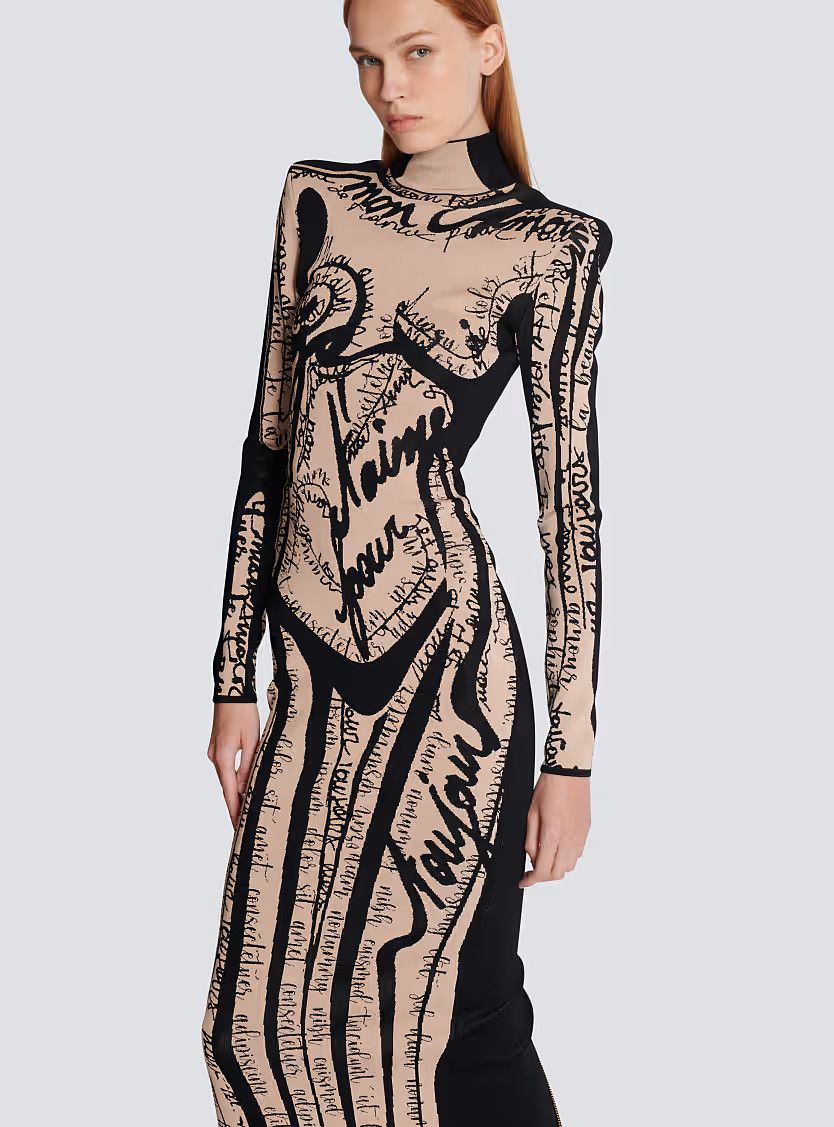 Balmain o1s1wg111225 Long Knit Dress With Body Motif in Beige Size S / US 4 / IT 40 - 5 Thumbnail