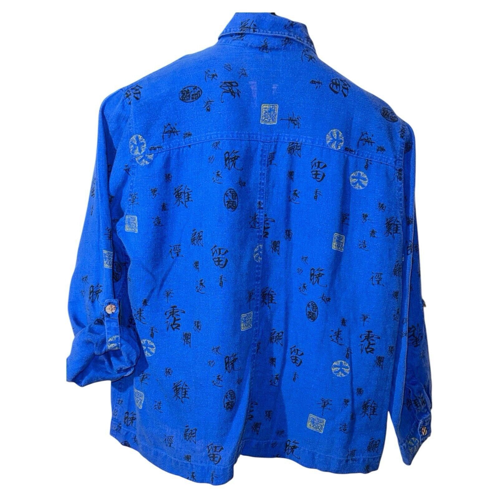 Designer Chico’s Blue Linen Long Roll Tab Sleeve Blouse Top M / L Size L / US 10 / IT 46 - 3 Thumbnail