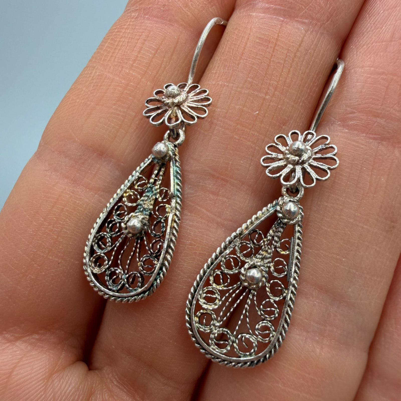 Sterling Silver Vintage 925 Sterling Silver Filigree Teardrop Earrings Size ONE SIZE - 5 Thumbnail