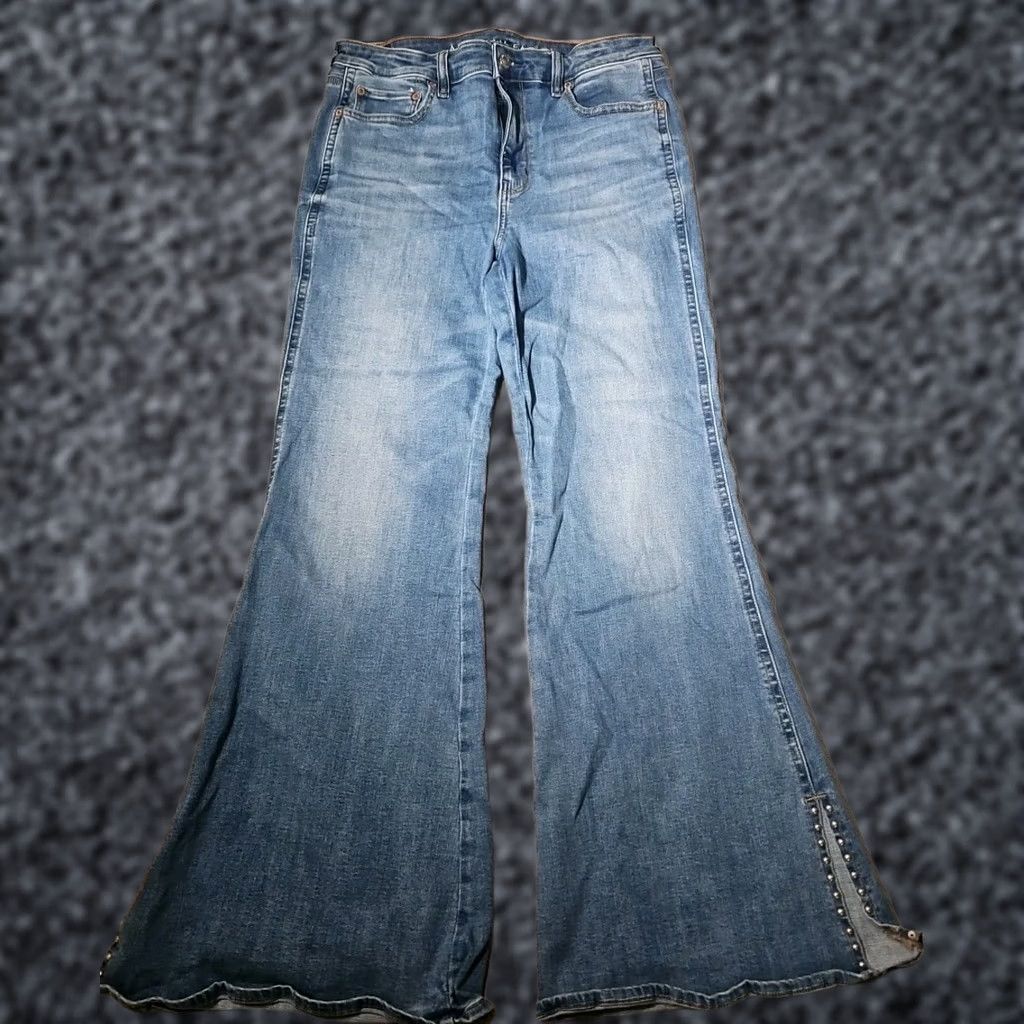 American Eagle Outfitters American Eagle Jeans Womens 12 Blue Festival Flare Slit Studded Denim Pants Mens? Size 34" / US 12 / IT 48 - 1 Thumbnail