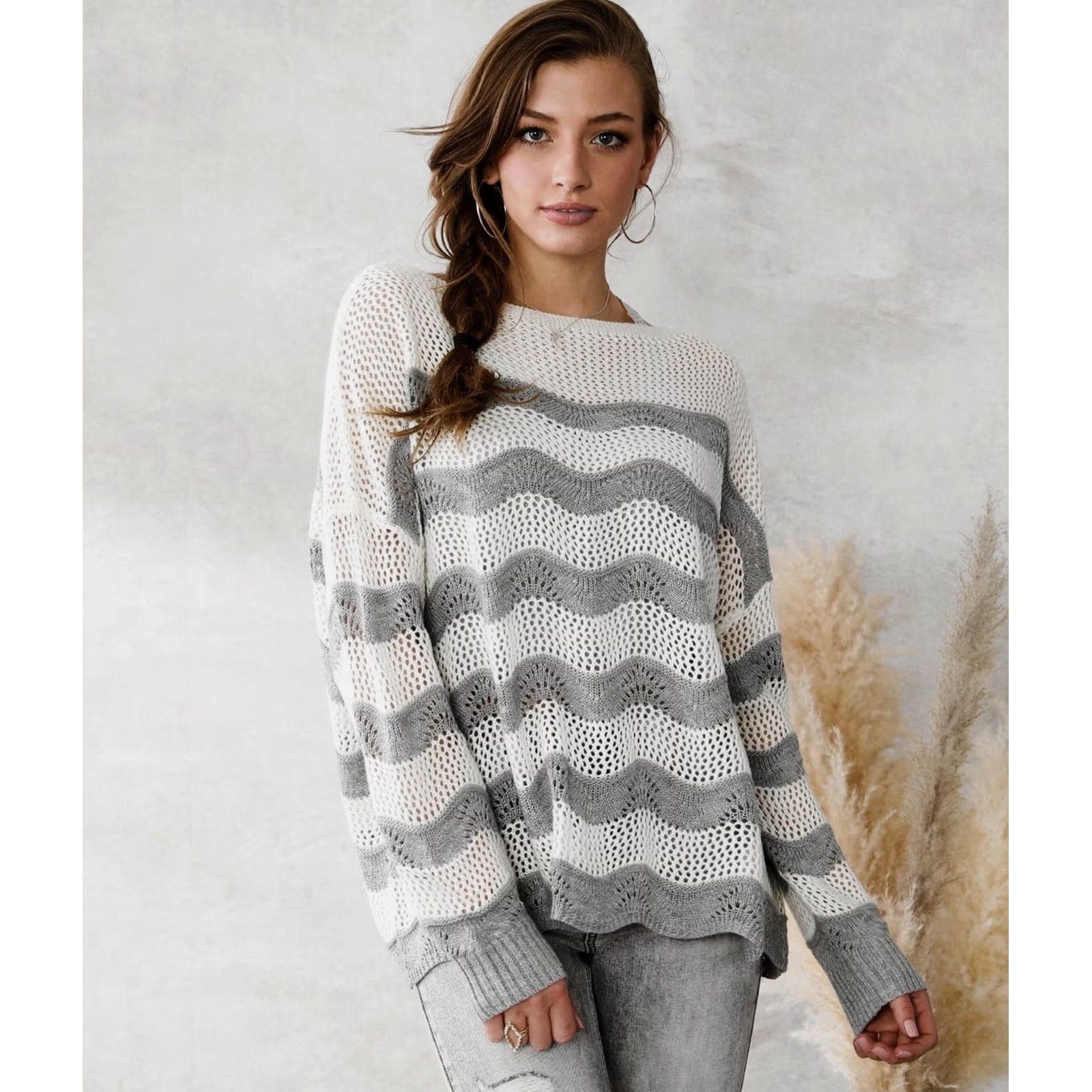 Vintage Buckle Willow & Root Women Gray/White Wavy Striped Open Weave Knit Sweater S Size S / US 4 / IT 40 - 3 Thumbnail