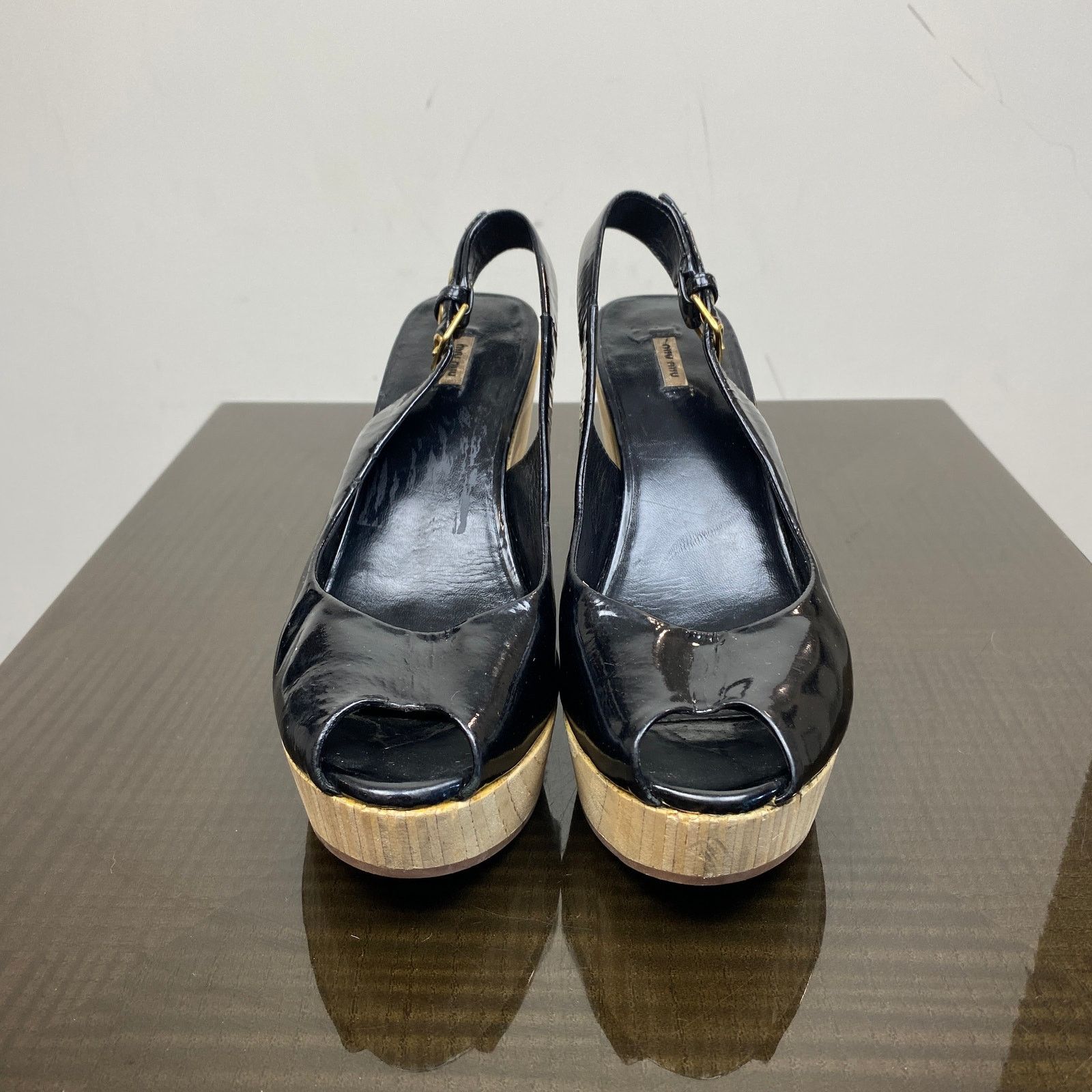 Miu Miu Miu Miu Patent Leather Peep Toe Wedge Heels Slingback 35 Size US 5 / IT 35 - 2 Thumbnail