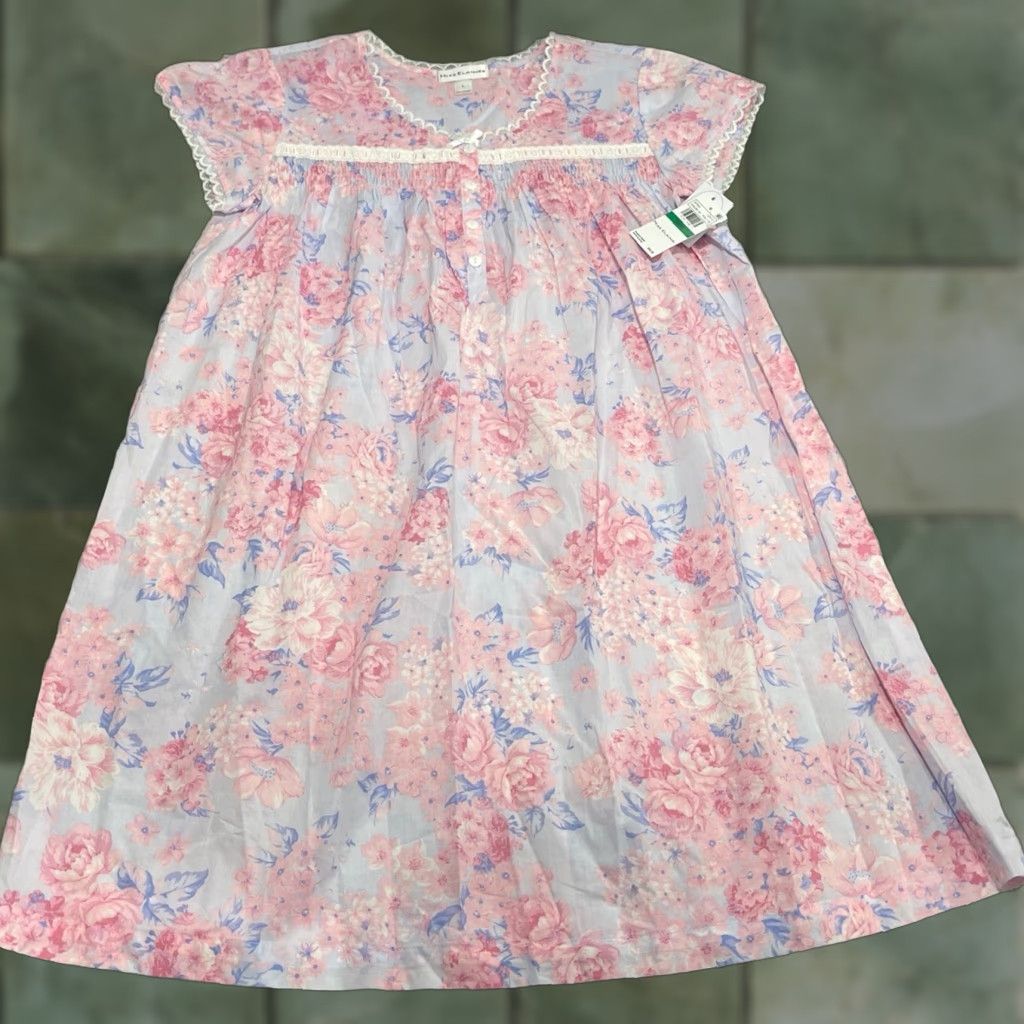 Vintage Miss Elaine Nightgown Floral Pink Blue Knit Cotton L Women Short Cap Sleeves Pullover NWT Large Size ONE SIZE - 1 Thumbnail