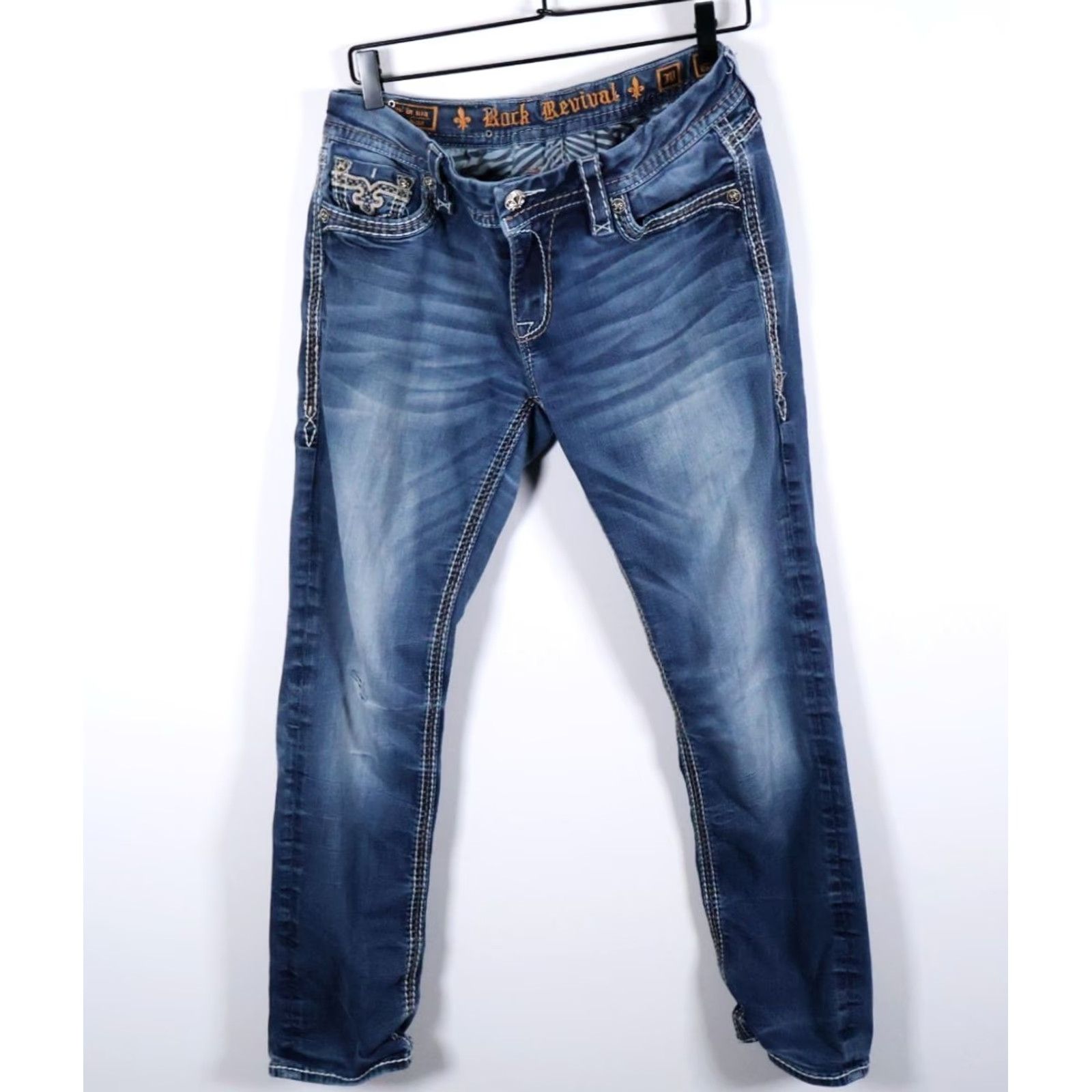 Vintage Rock Revival Saralyn Easy Skinny Jeans Women's 30 Blue Denim Stretch Rhinestone 5-Pocket Medium Wash Hipster Modern Size 30" / US 8 / IT 44 - 2 Thumbnail