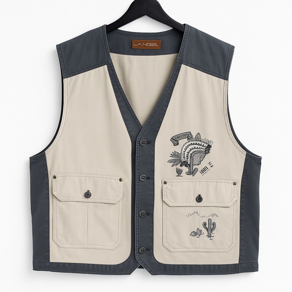 Vintage Lancel Paris TwoTone Utility Vest Embroidered Native