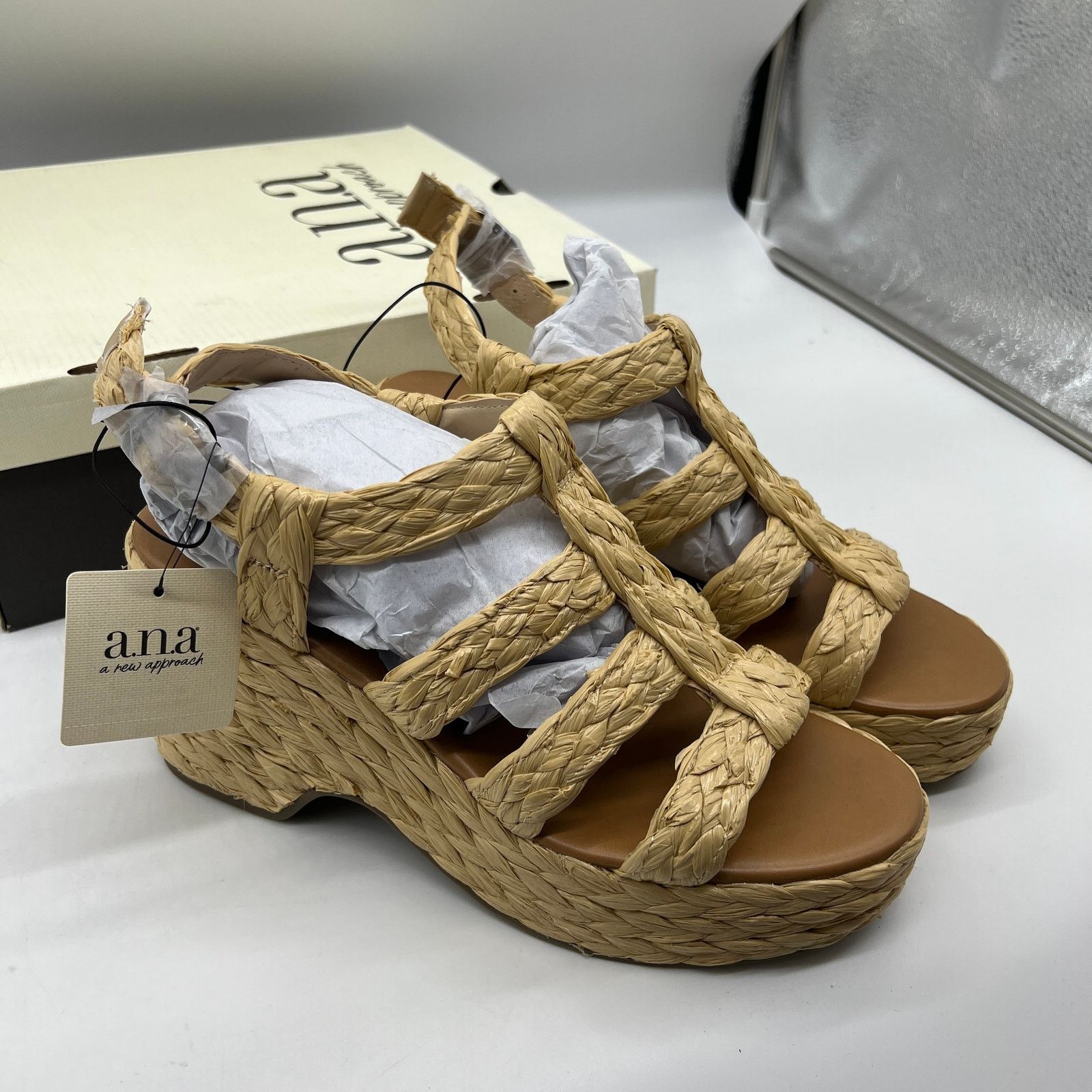 Other a.n.a Womens Merlin Wedge Sandals Brown Natural Size 9.5M Size US 9.5 / IT 39.5 - 2 Thumbnail