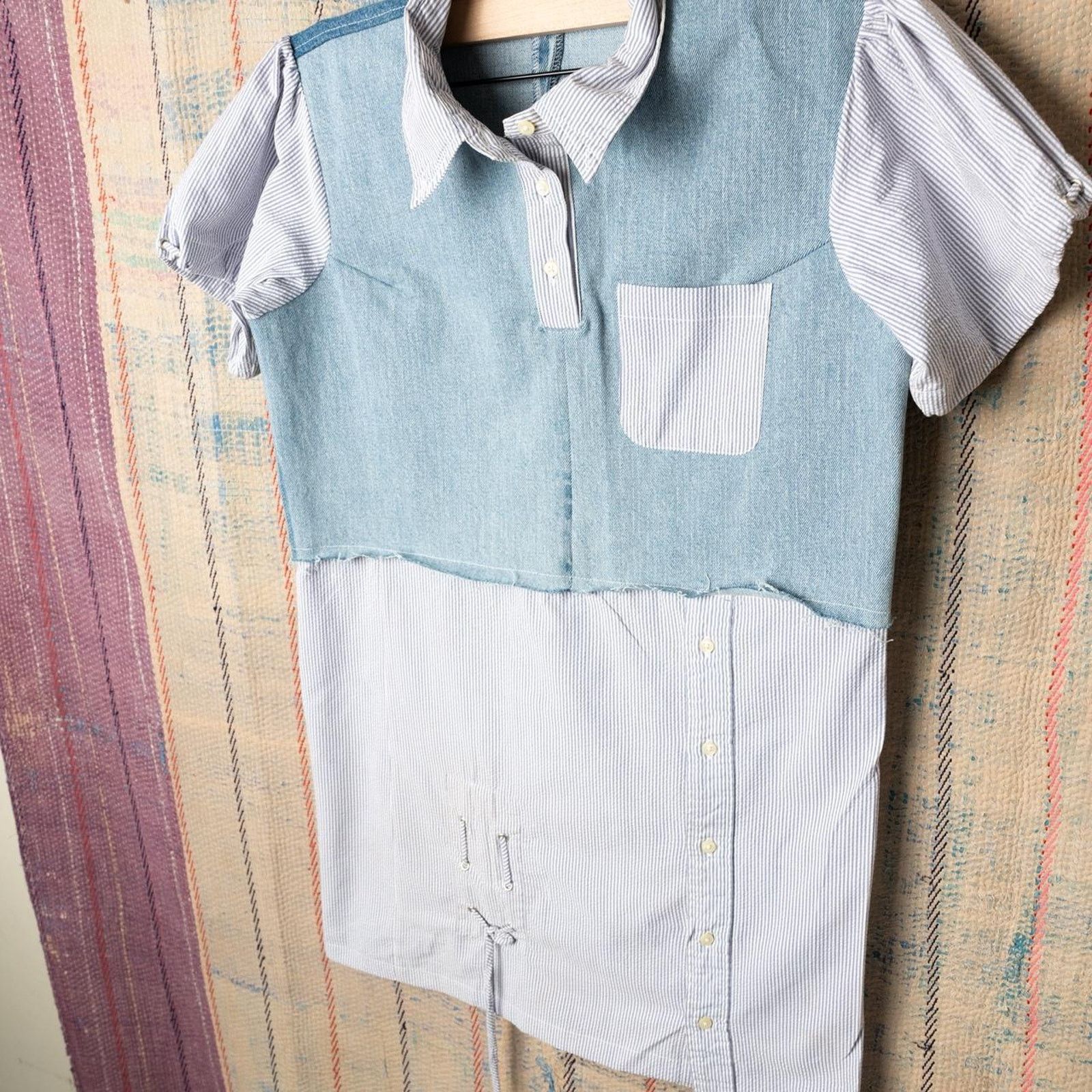 Other Custom reworked denim patchwork shirt / Hybrid Polo Top Size L / US 10 / IT 46 - 3 Thumbnail
