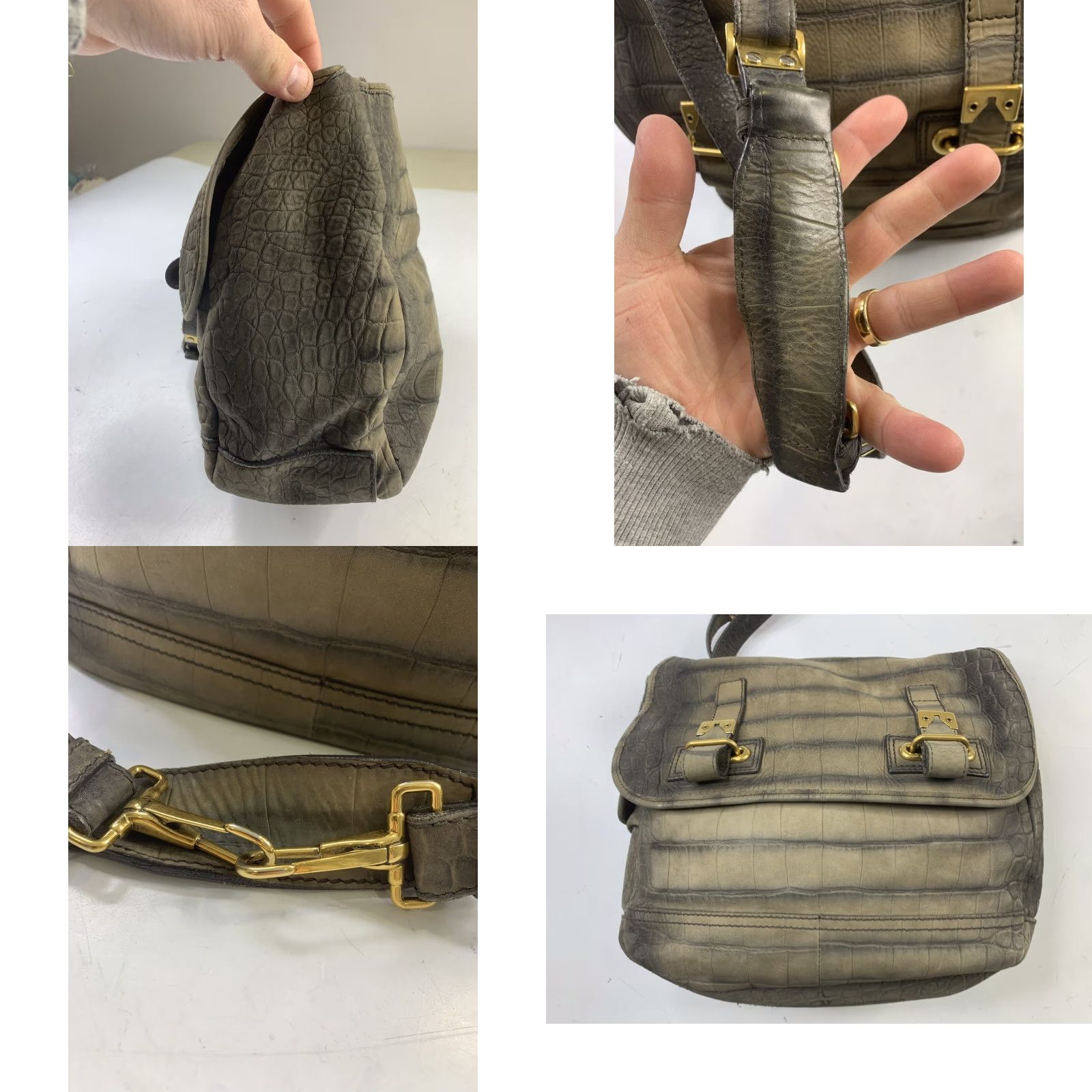 Yves Saint Laurent VINTAGE Yves Saint Laurent Crocodile Embossed Nubuck Besace Shoulder Bag Anthracite Size ONE SIZE - 8 Thumbnail