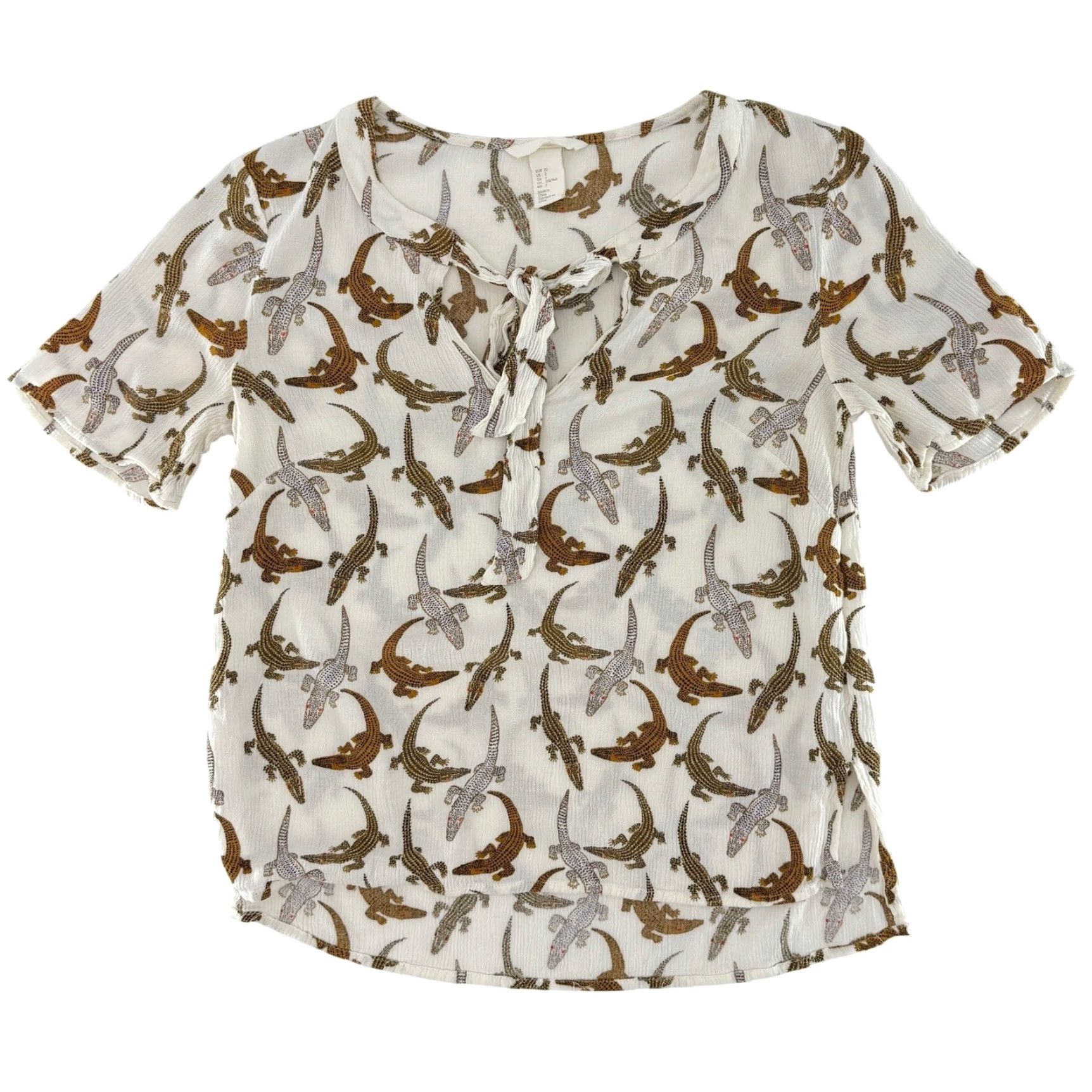 H&M H&M Women's White Alligator Print Tie Neck Short Sleeve Blouse Size 2 Office Size XS / US 0-2 / IT 36-38 - 6 Thumbnail