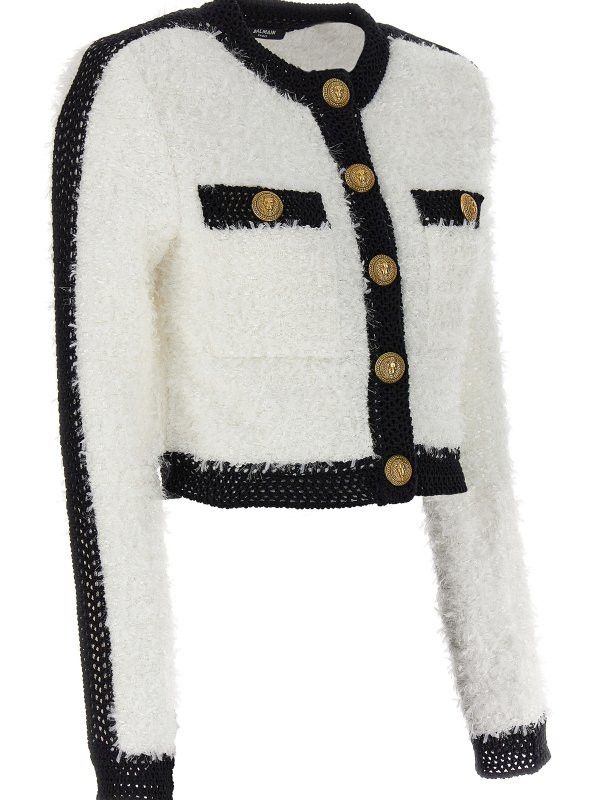 Balmain o1s1wg110825 Logo Button Tweed Short Jacket in Black/White Size L / US 10 / IT 46 - 3 Thumbnail