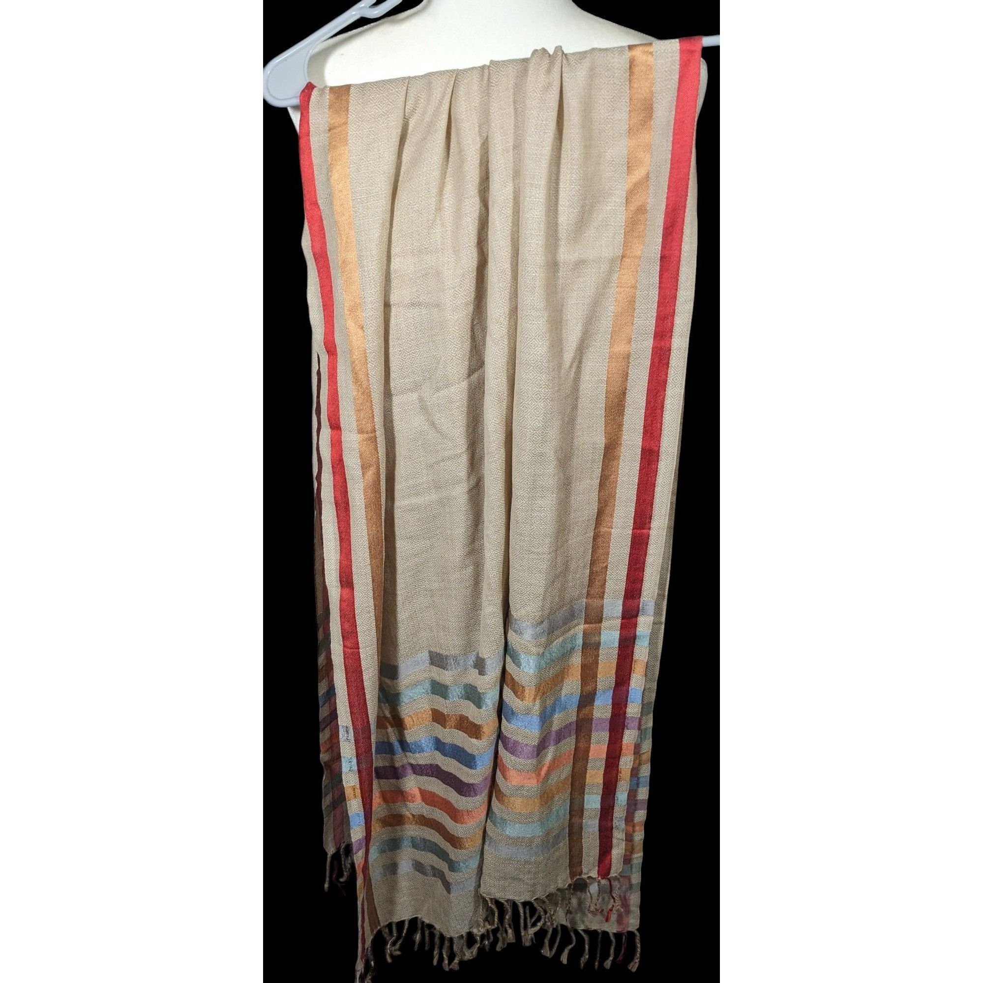 Other Vintage Cream Rainbow Stripe Accent Fringe Scarf Size ONE SIZE - 4 Thumbnail