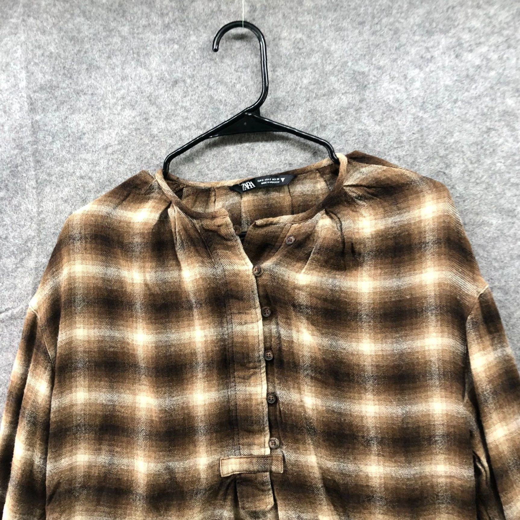 Zara Zara Popover Top Womens S Brown Black Plaid Long Sleeve Lightweight Flannel Button Knit Cotton Casual Size S / US 4 / IT 40 - 3 Thumbnail