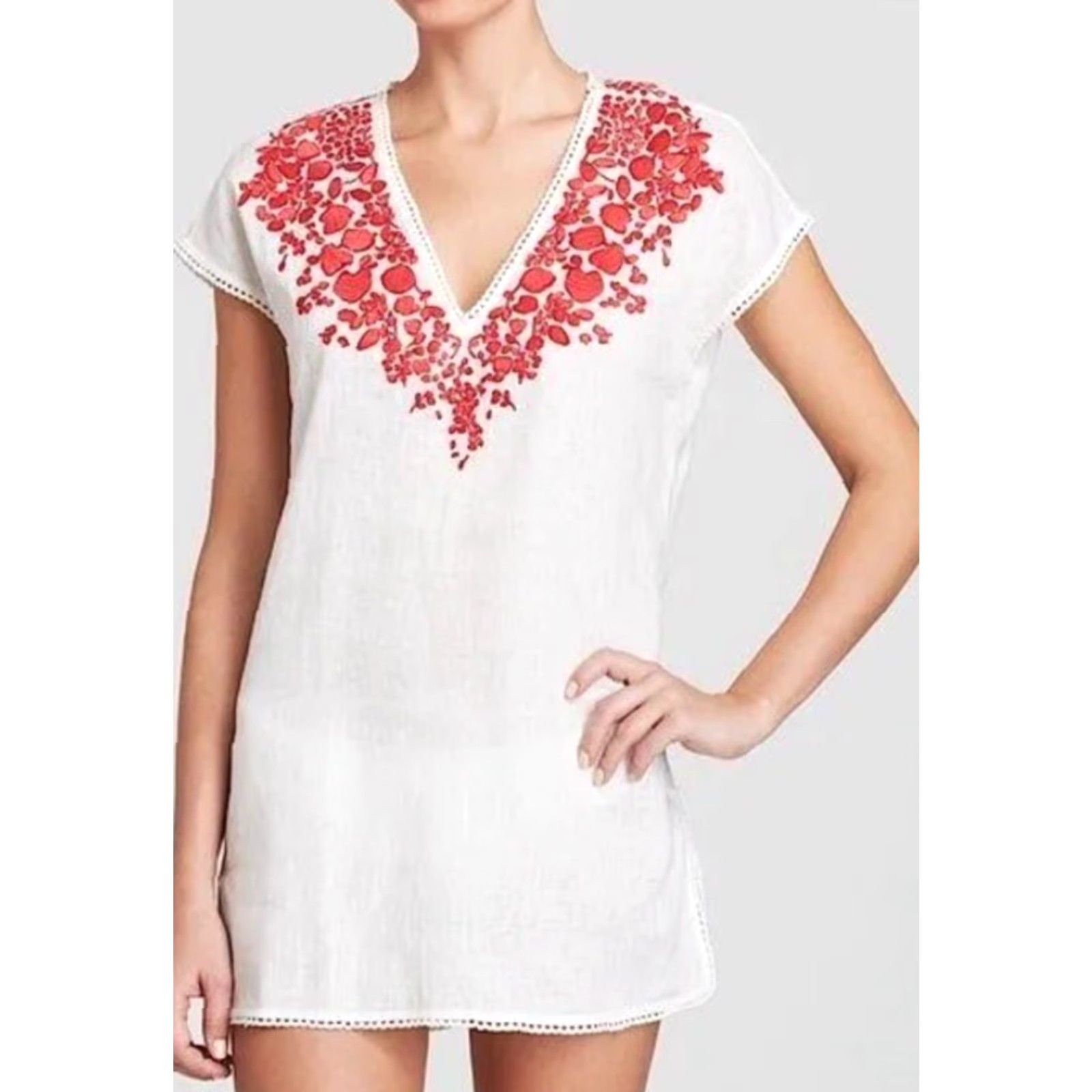 Tory Burch Tory Burch Issy Embroidered Linen Tunic Top Cover Up Scallop Trim Red Details Cream PS Petites Womens Size S/P Size S / US 4 / IT 40 - 2 Thumbnail