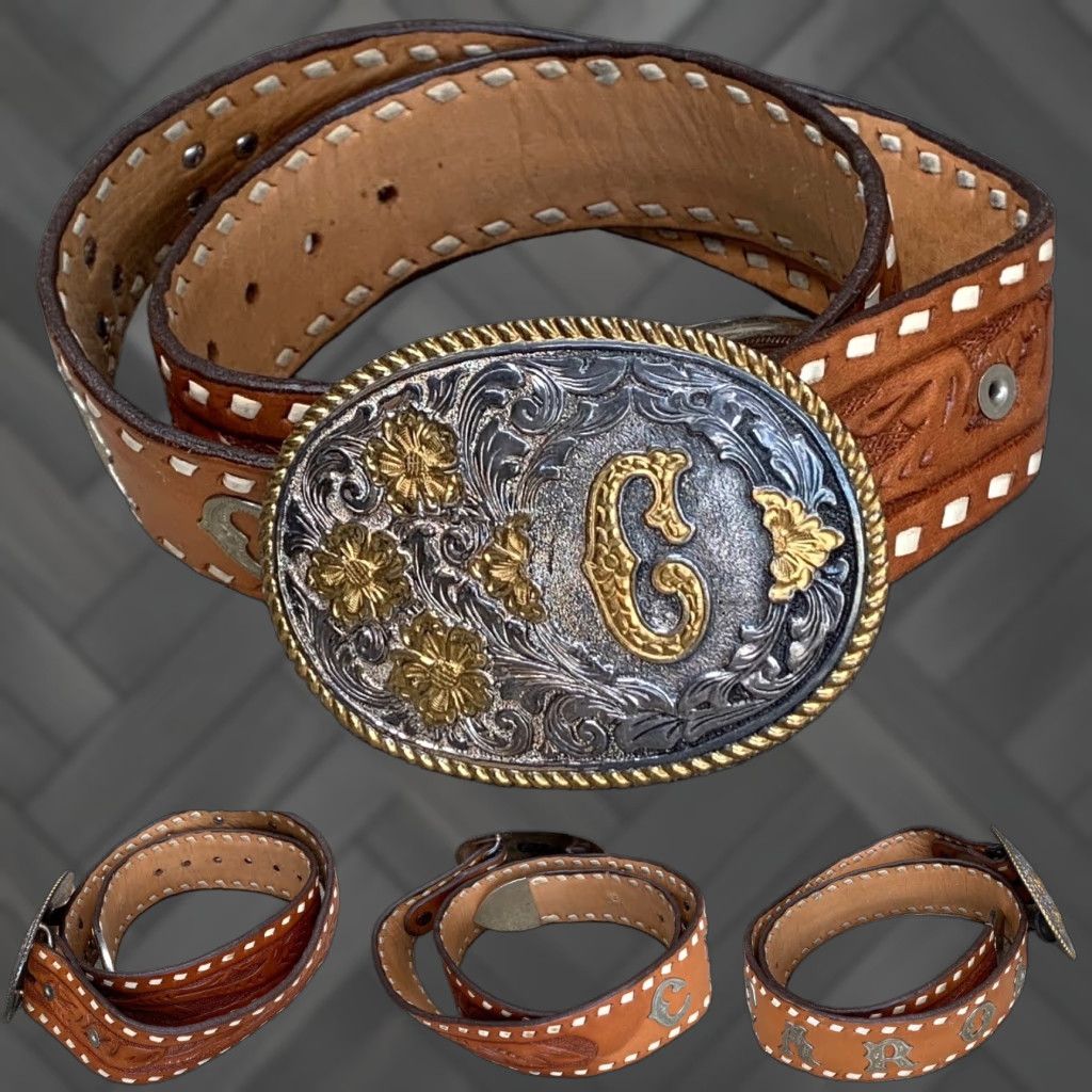 Vintage VINTAGE Tooled Leather Western Belt The Name Carol C Buckle El Arturo Crumrine Belt Size ONE SIZE - 1 Thumbnail