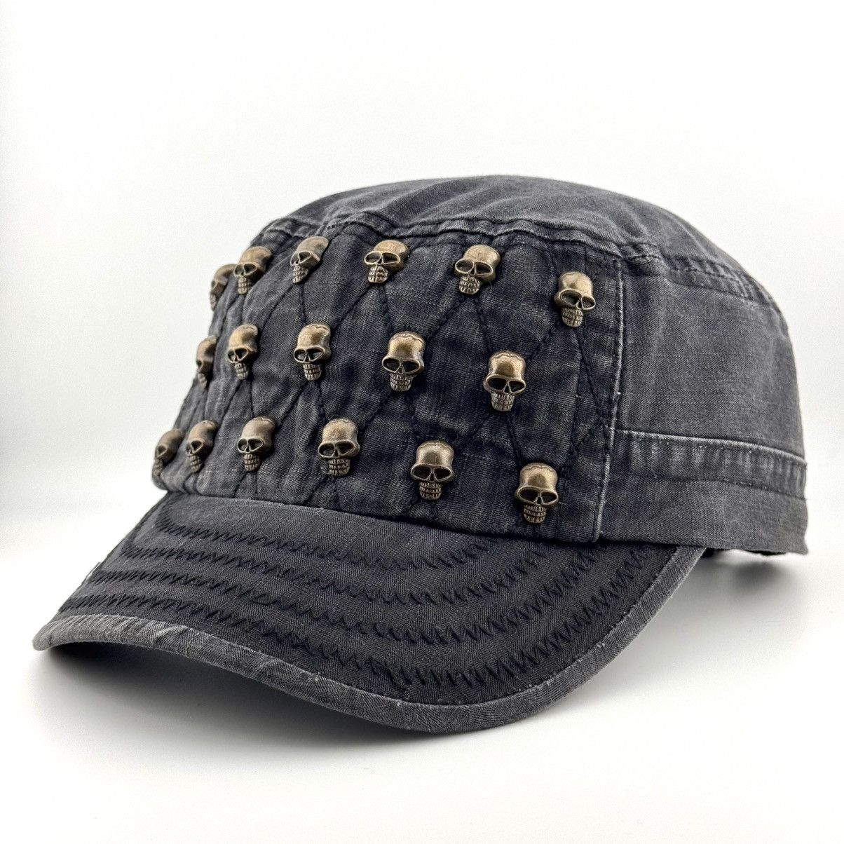 If Six Was Nine Skull Stud Military Punk Rock Gothic Patrol Cap Washed Black Size ONE SIZE - 3 Thumbnail