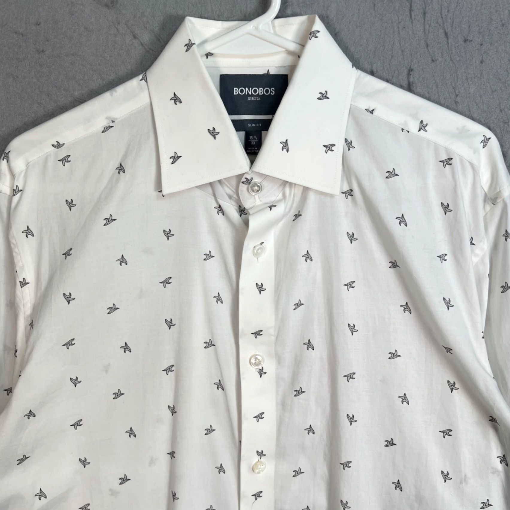 Bonobos Bonobos Slim Fit Shirt Mens White Bird Print Long Sleeve Button-Up 15.5 33 Stretch Casual Regular Size US S / EU 44-46 / 1 - 5 Thumbnail