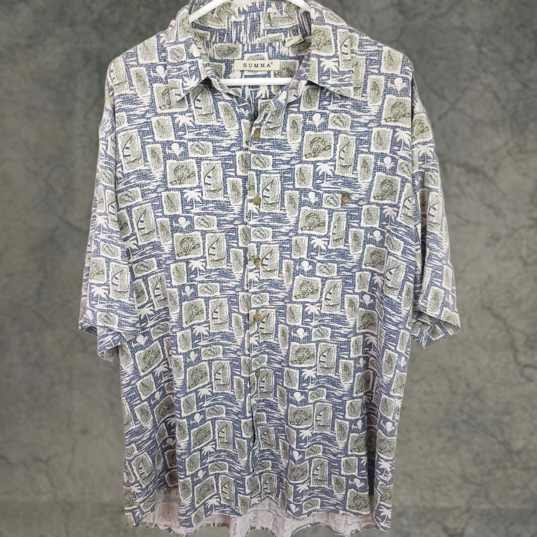 Vintage VINTAGE Summa Silk Shirt Mens L Lightweight Button-Up Short Sleeve Geometric Print Green Blue Collared Pockets Size US L / EU 52-54 / 3 - 1 Thumbnail